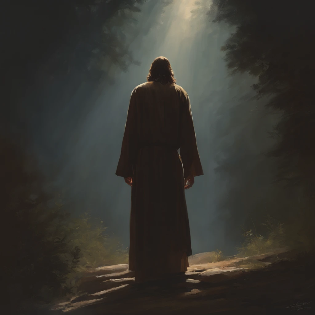 full body photo of jesus christ majestic spooky disquieting professional oil painting by Ed Blinkey Atey Ghailan by Jeremy Mann Greg Manchess rays of light Antonio Moro trending on ArtStation trending on CGSociety Intricate High Detail Focus crisp, dramatic, photorealistic painting art by Midjourney and Greg Rutkowski