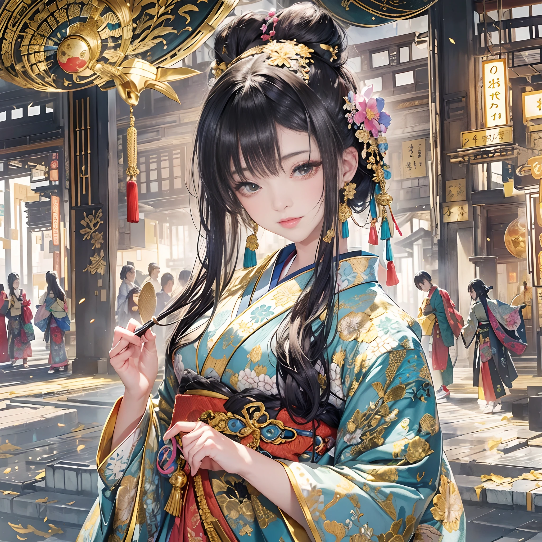 watching at viewers、Background with((ancient city:1.2)And the moon、(dense background:1.5))、BREAK {{{Luxury kimono(Colorful kimono(Detailed golden embroidery,))}}}、face perfect,Depict a beautiful and graceful woman of Japan,poneyTail、Woman with shiny black hair、perfect hand,Heart in the eye。odd eye,full body Esbian。 Wallpaper 8K, .Blur the background with a sickle,((masutepiece)), ((Best Quality))