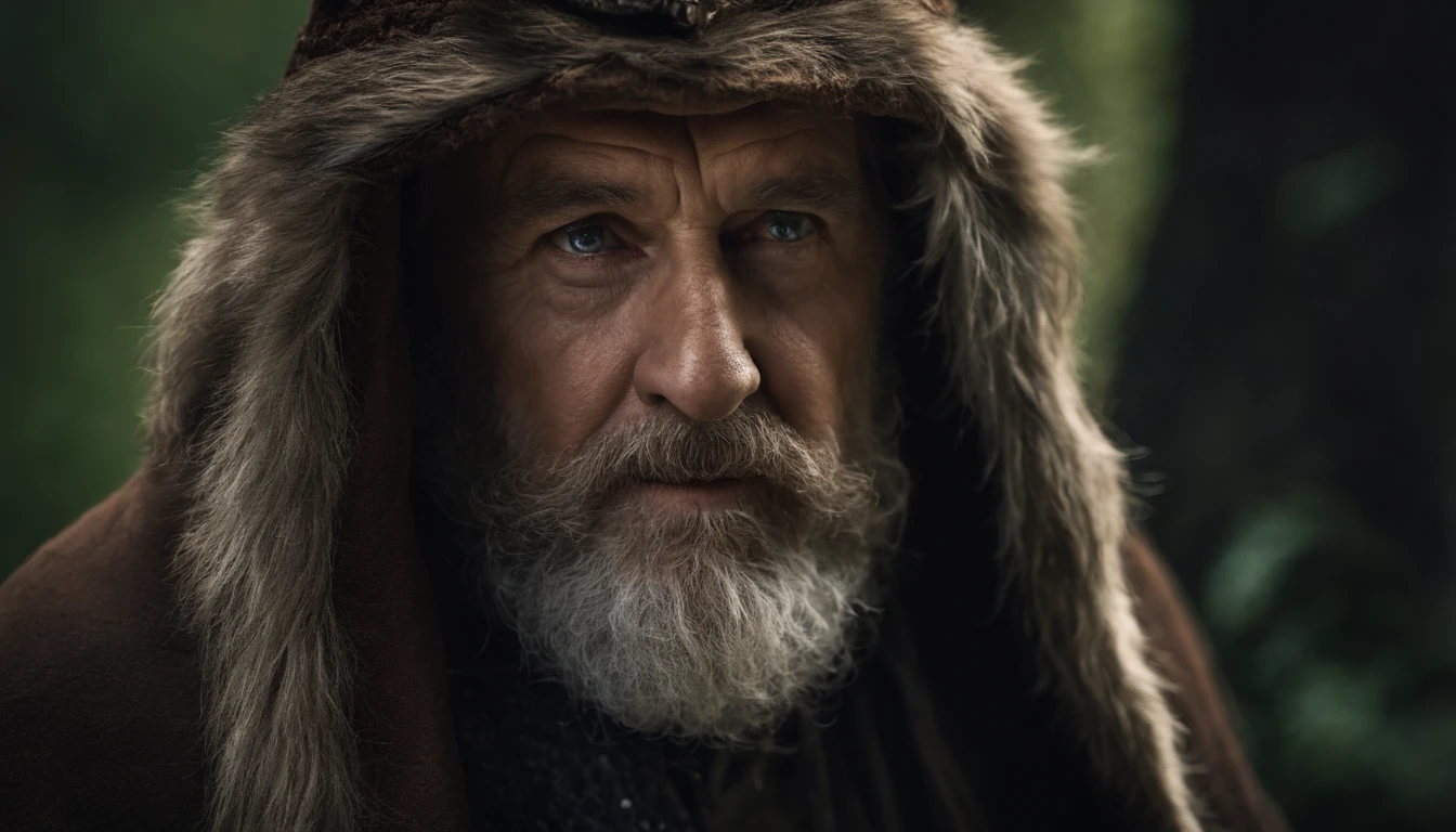 A portrait of a wizard, bearded, wrinkled, weathered, with piercing eyes, detailed face, high details, photography, dark studio, rim light, Nikon D850, 50mm, f/1.4