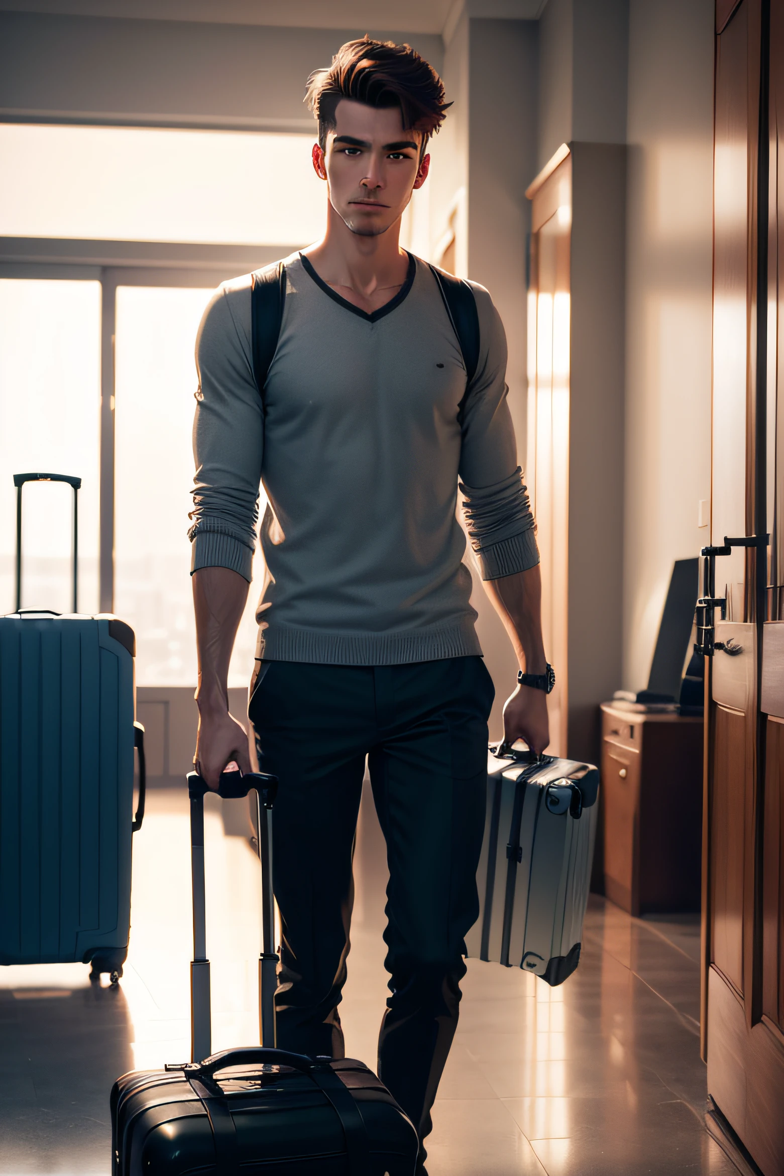 best quality, 8k image of a man holding a suitcase