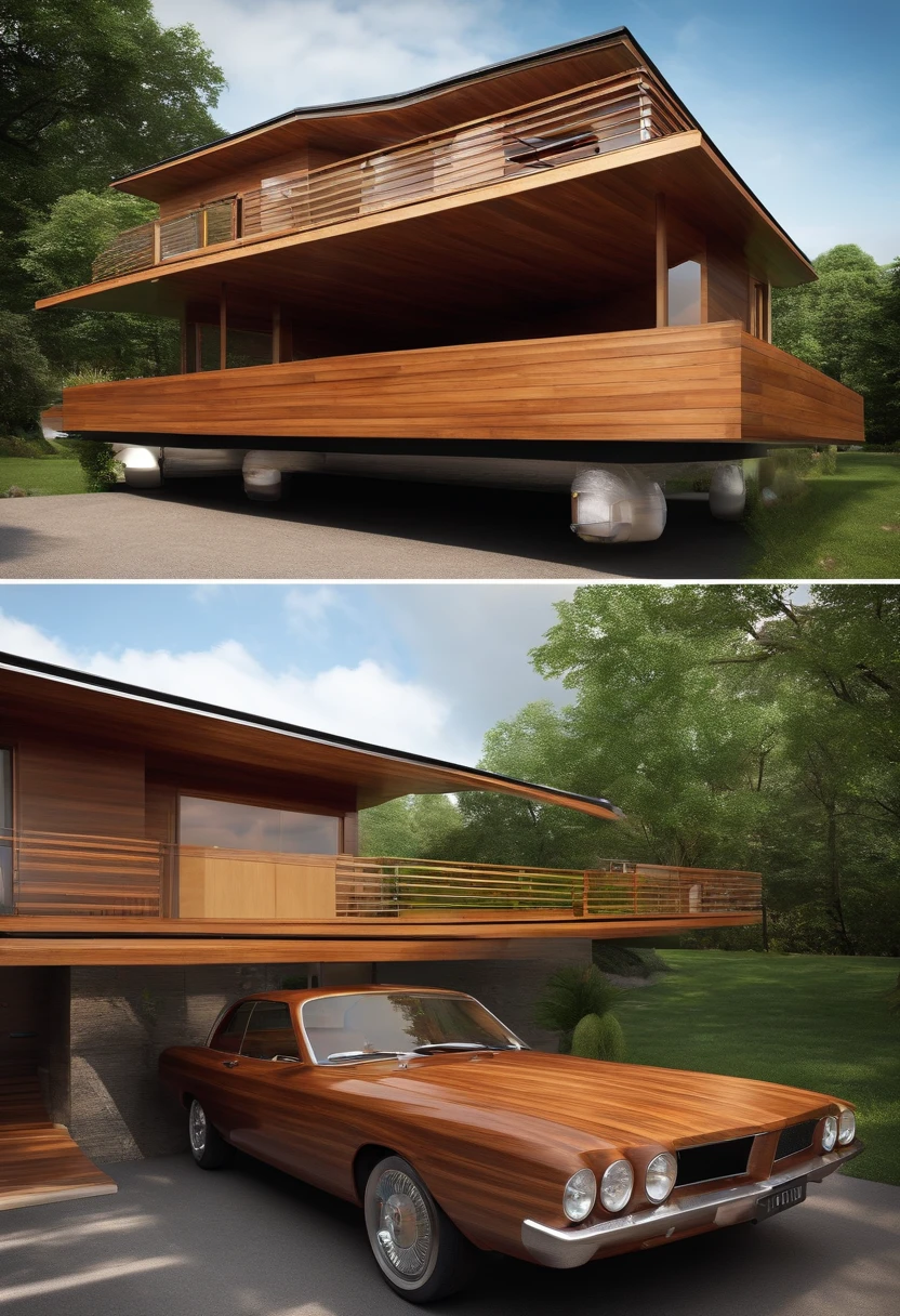 generate a wooden residential car gargage with a sustainable roof