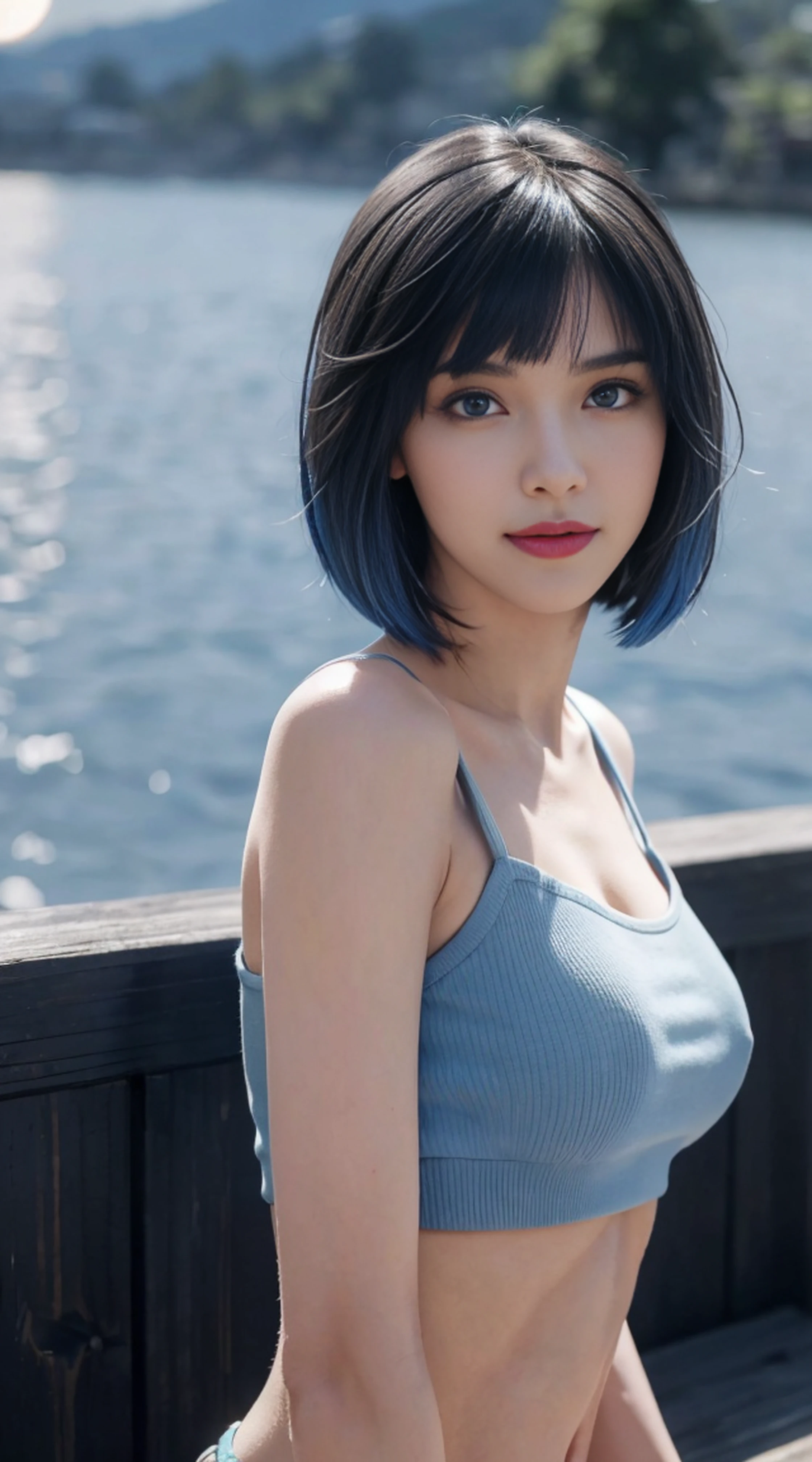 8K, Top Quality, Intricate Details, Ultra Detail, Ultra High Resolution, Masterpiece, random angle, Slender, Smile, (Makeup: 0.4), (Fluffy Blue Eyes: 1.21), blue Eyes, looking at viewer, ((full body)), 1girl, solo, 1 girl, (( full body)), close up shot, , ((tall)), (((fit body))), (((slim face))), sharp face, sharp eyes, ((( blue hair, short hair, bangs )) , (detailed face), sharp face, small lips,
(( )), ((crop top)), detailed face, detailed breast, , large breast, detail ass, , Beautiful girl with accentuated slender abs: 1.4, Six Pack Abs: 1.4, Bust Botox, Big, Perfect Body, detail leg, (( moonlight)), hot spring