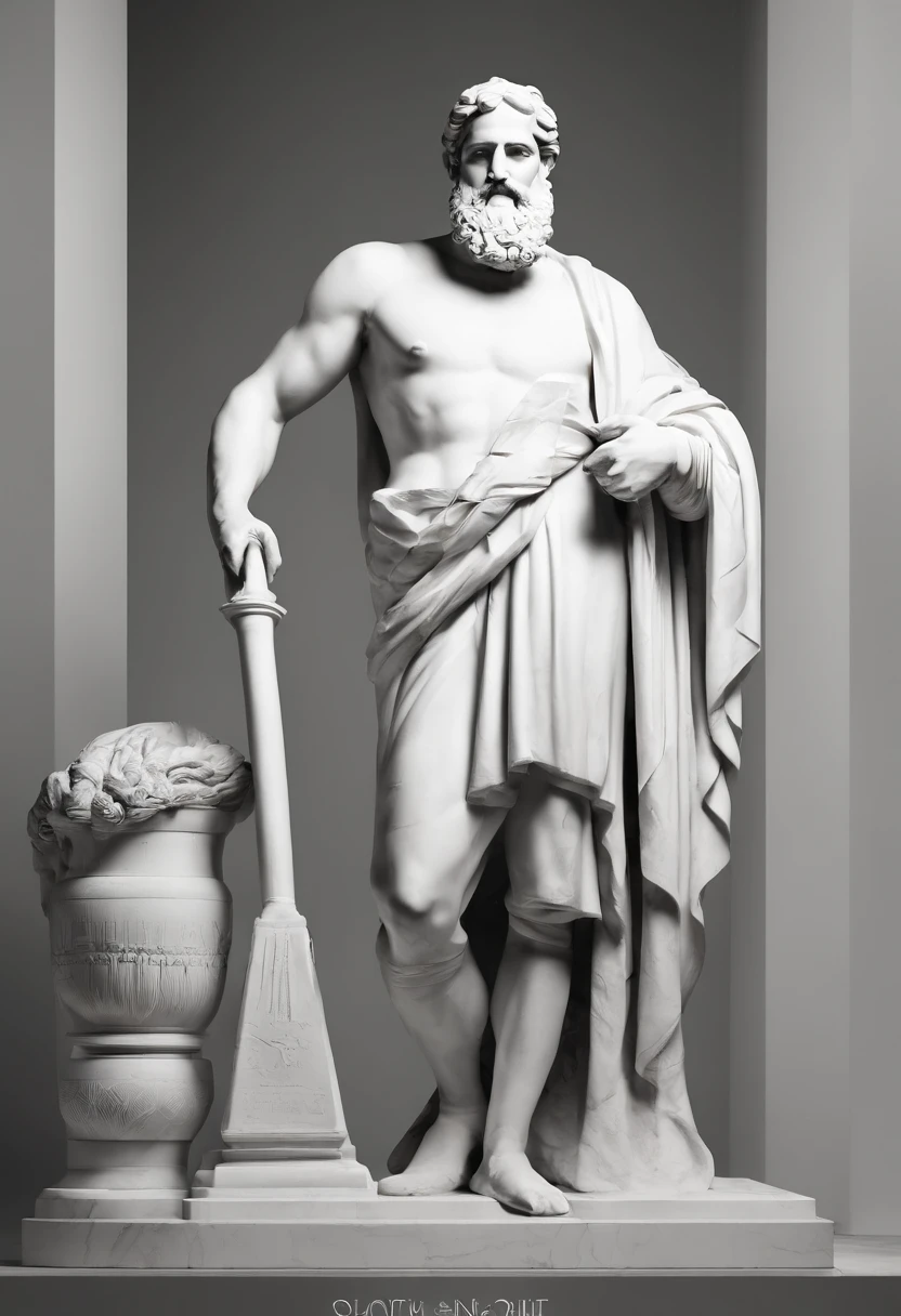 White marble statue of a peasant hero with a plow in his hands in the style of a bearded Greek philosopher in the museum. gloomy atmosphere, High contrast of light and shadow, Professional photography, utrarealista, light volumetric, Filmic