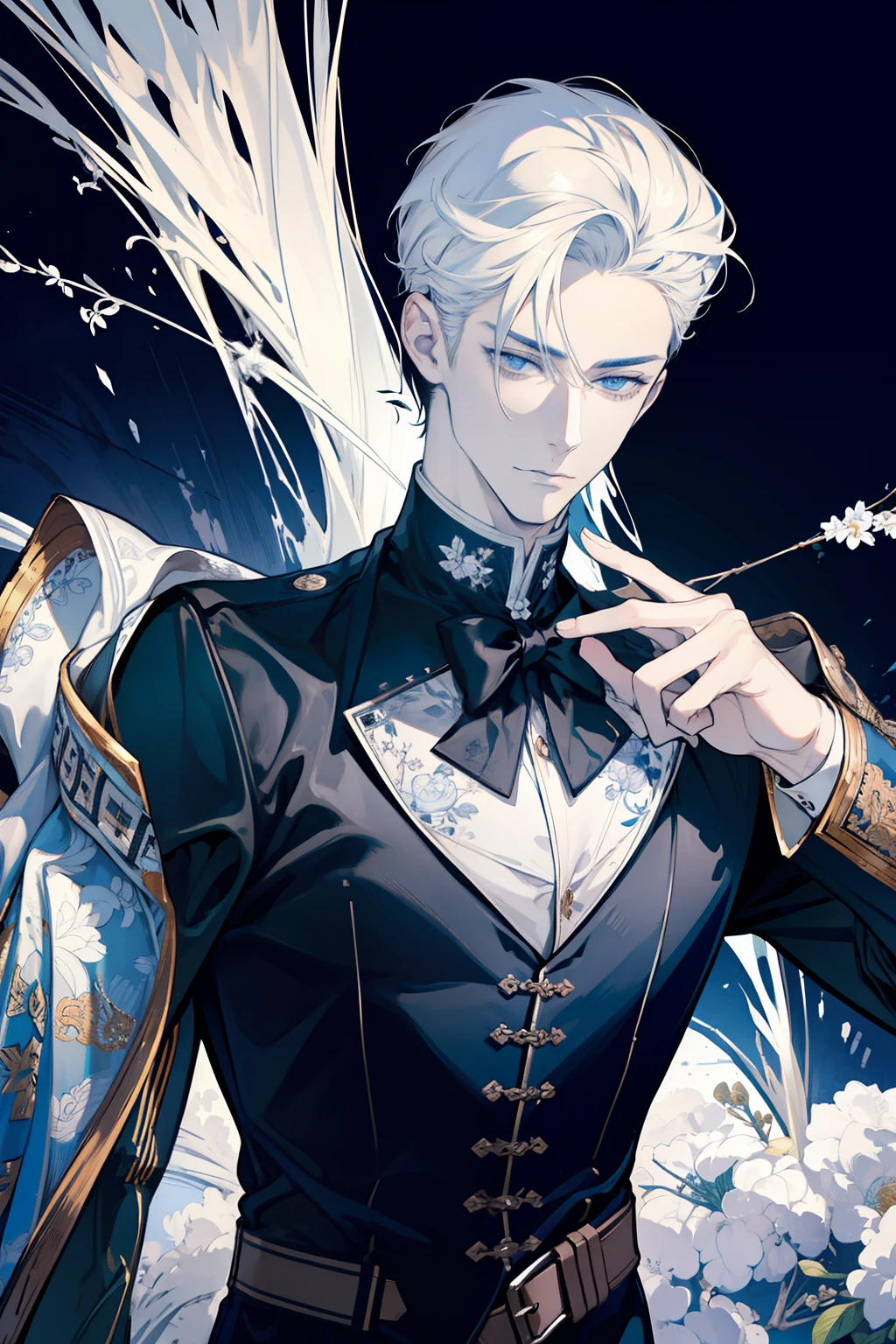 (absurdres, highres, ultra detailed), 1 male, adult, handsome, tall muscular guy, broad shoulders, casual outfit, finely detailed eyes, white color hair, complex pattern, detailed face, modern, city, best ratio four finger and one thumb, menacing, (dutch angle), closed mouth, boy vest, cold boy