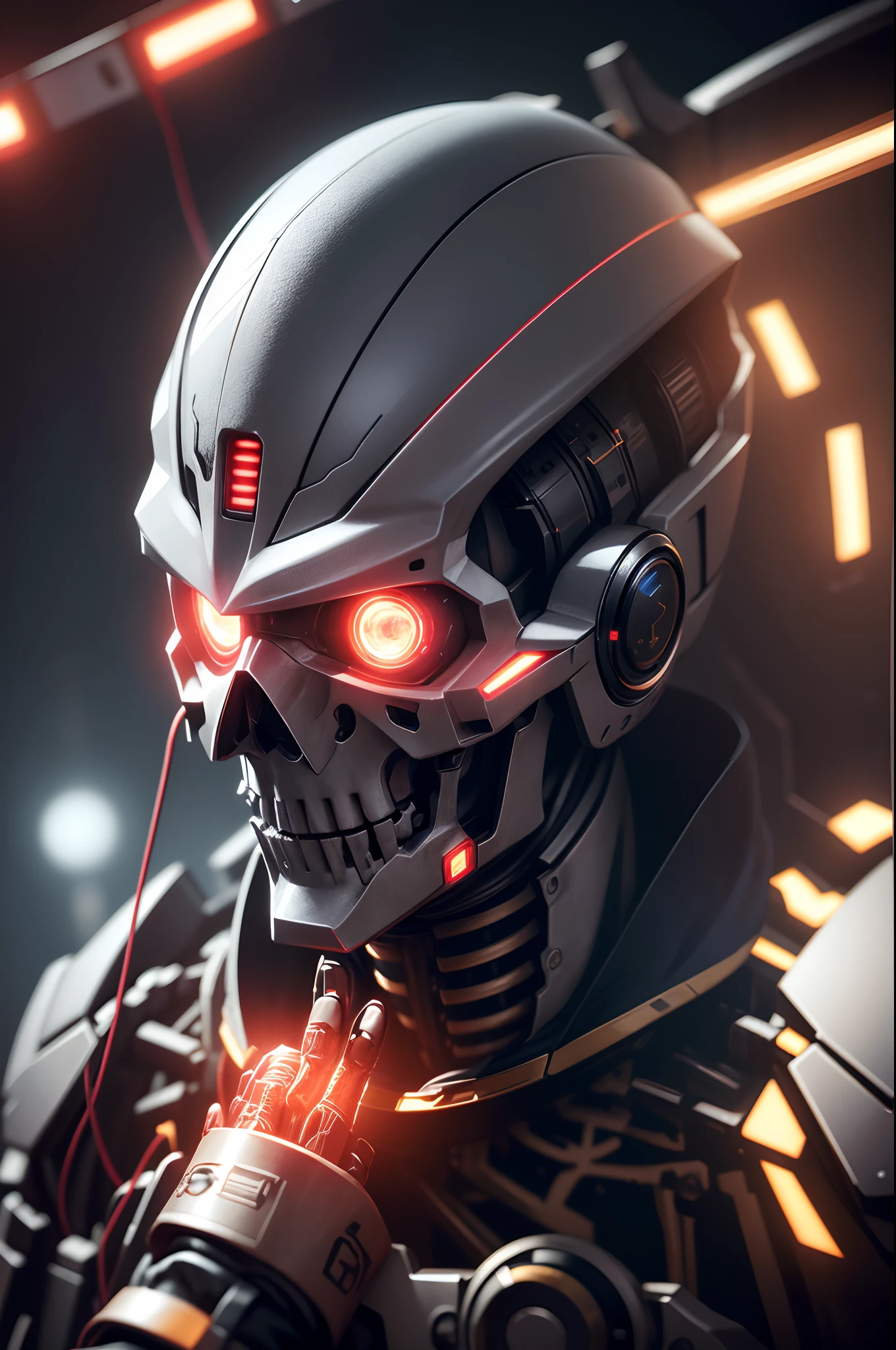 8K, 1 Mechanical Man in the middle of production (Ultra-realistic details) portlate、globalillumination、Shadow、octan render、8K、ultrasharp、metals、Details of complex ornaments、cold color Japan Details The upper body is suspended by a hook Skeleton Frame Precise details of the internal frame exposed Highly intricate details Realistic light CGSoation Trends、radiant eyes、Facing the camera、neon details Mechanical Hand Many LEDs emit light Lots of cables extending from the back Artificial blood vessels Wires and cables connecting to the head 超A high resolution Mono eye glowing red A hyper-realistic