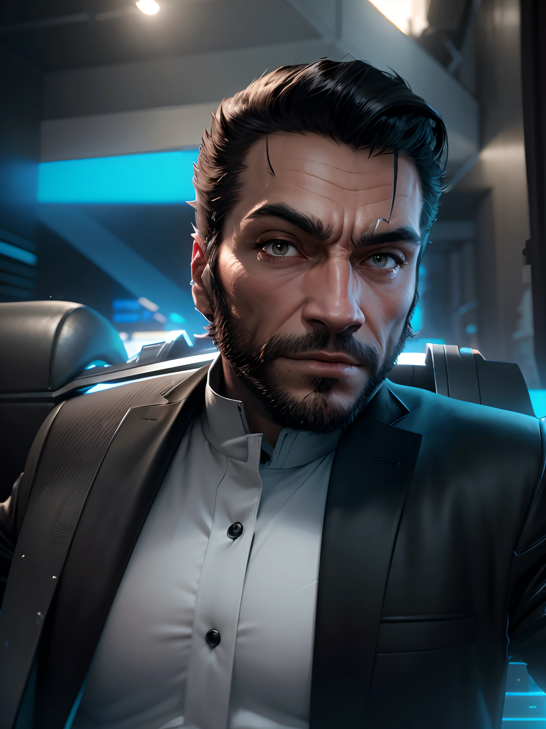 Character Wolverine, Black Clothes, Super Crisp Image, Full HD, 4K, 3D Cartoon, background Cyberpunk, Nice hairs, muscle, no mask