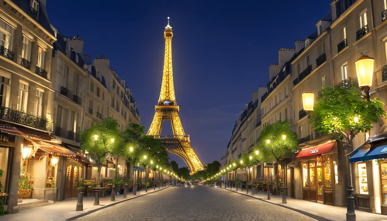 The Eiffel Tower、The Eiffel Tower overlooks the streets of Paris、Eiffel Tower renovated in 2077、The Eiffel Tower has a stronger presence than conventional objects、Eiffel Tower in the near future、Eiffel Tower at night、Eiffel Tower illuminated by neon lights、night cityscape、