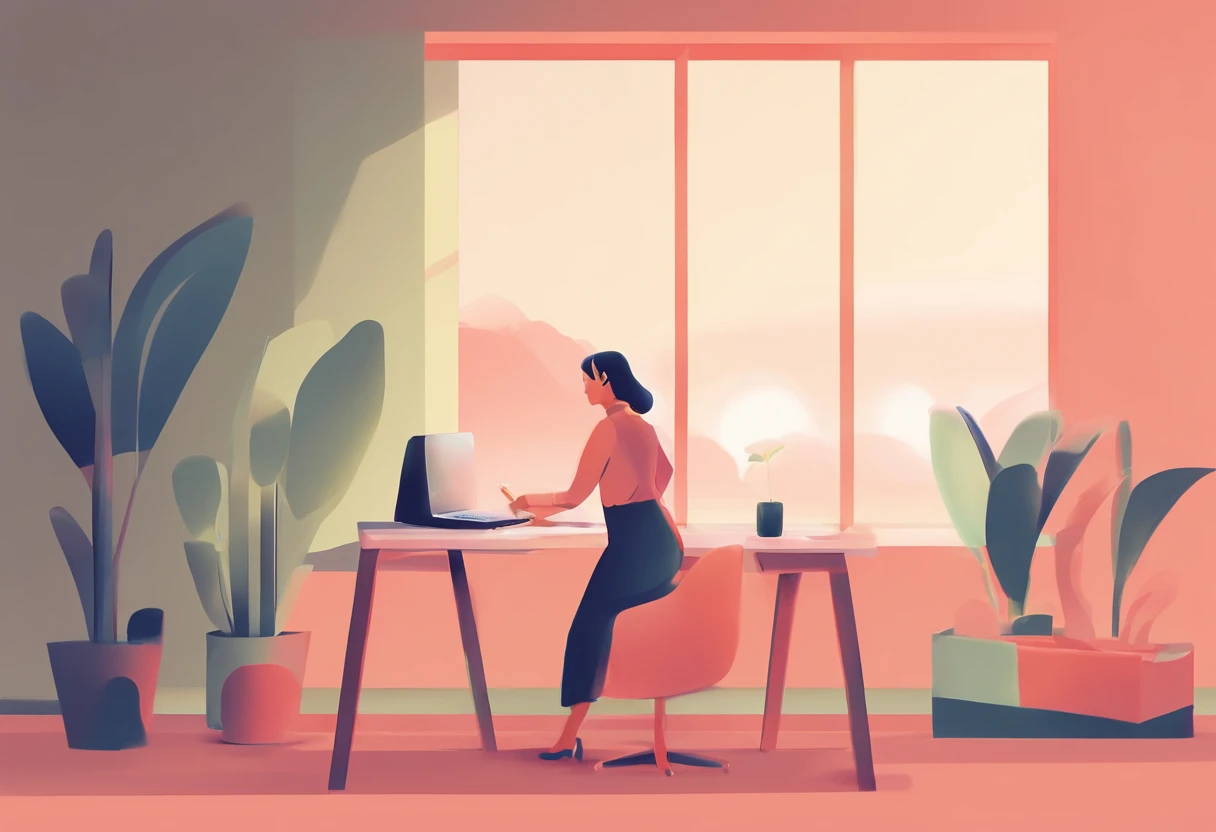 illustration of a woman working on a computer through a room with various objects, editorial illustration pastelcolor, in style of james gilleard, illustration style, james gilleard artwork, flat illustration, in style of digital illustration, magazine illustrations, editorial illustration, digital illustration -, #illustration, magazine illustration, inspired by James Gilleard, modern illustration, illustration | rutkowski, stylized digital illustration