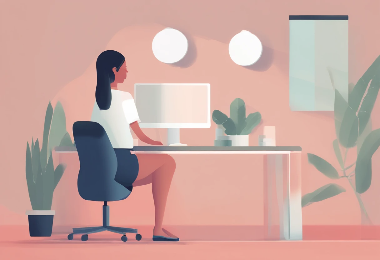 illustration of a woman working on a computer through a room with various objects, editorial illustration pastelcolor, in style of james gilleard, illustration style, james gilleard artwork, flat illustration, in style of digital illustration, magazine illustrations, editorial illustration, digital illustration -, #illustration, magazine illustration, inspired by James Gilleard, modern illustration, illustration | rutkowski, stylized digital illustration