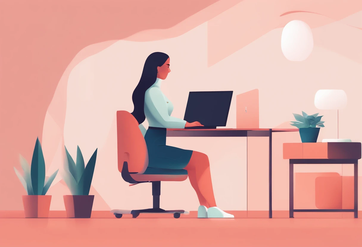 illustration of a woman working on a computer through a room with various objects, editorial illustration pastelcolor, in style of james gilleard, illustration style, james gilleard artwork, flat illustration, in style of digital illustration, magazine illustrations, editorial illustration, digital illustration -, #illustration, magazine illustration, inspired by James Gilleard, modern illustration, illustration | rutkowski, stylized digital illustration