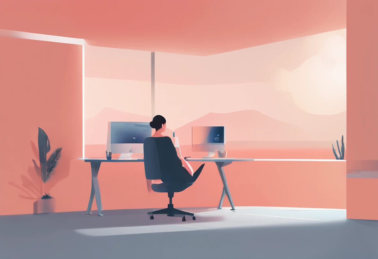 illustration of a woman working on a computer through a room with various objects, editorial illustration pastelcolor, in style of james gilleard, illustration style, james gilleard artwork, flat illustration, in style of digital illustration, magazine illustrations, editorial illustration, digital illustration -, #illustration, magazine illustration, inspired by James Gilleard, modern illustration, illustration | rutkowski, stylized digital illustration