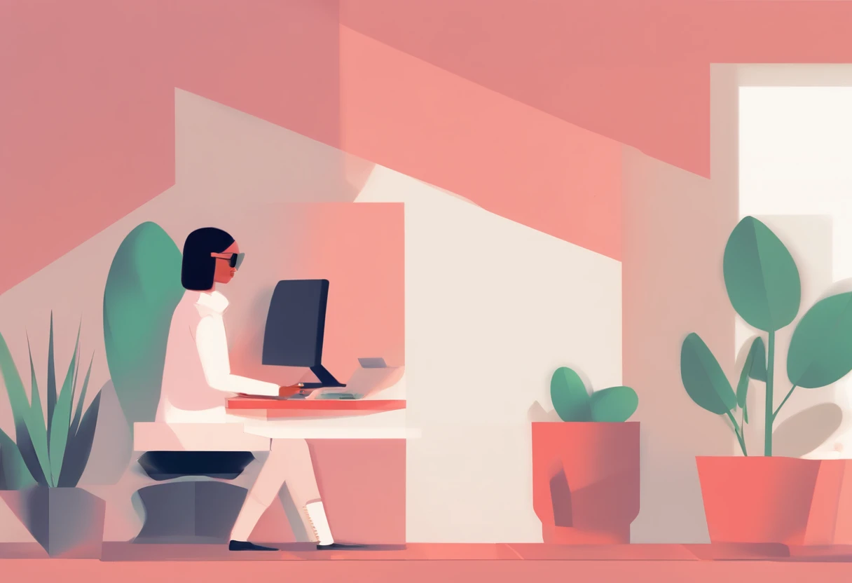 illustration of a woman working on a computer through a room with various objects, editorial illustration pastelcolor, in style of james gilleard, illustration style, james gilleard artwork, flat illustration, in style of digital illustration, magazine illustrations, editorial illustration, digital illustration -, #illustration, magazine illustration, inspired by James Gilleard, modern illustration, illustration | rutkowski, stylized digital illustration