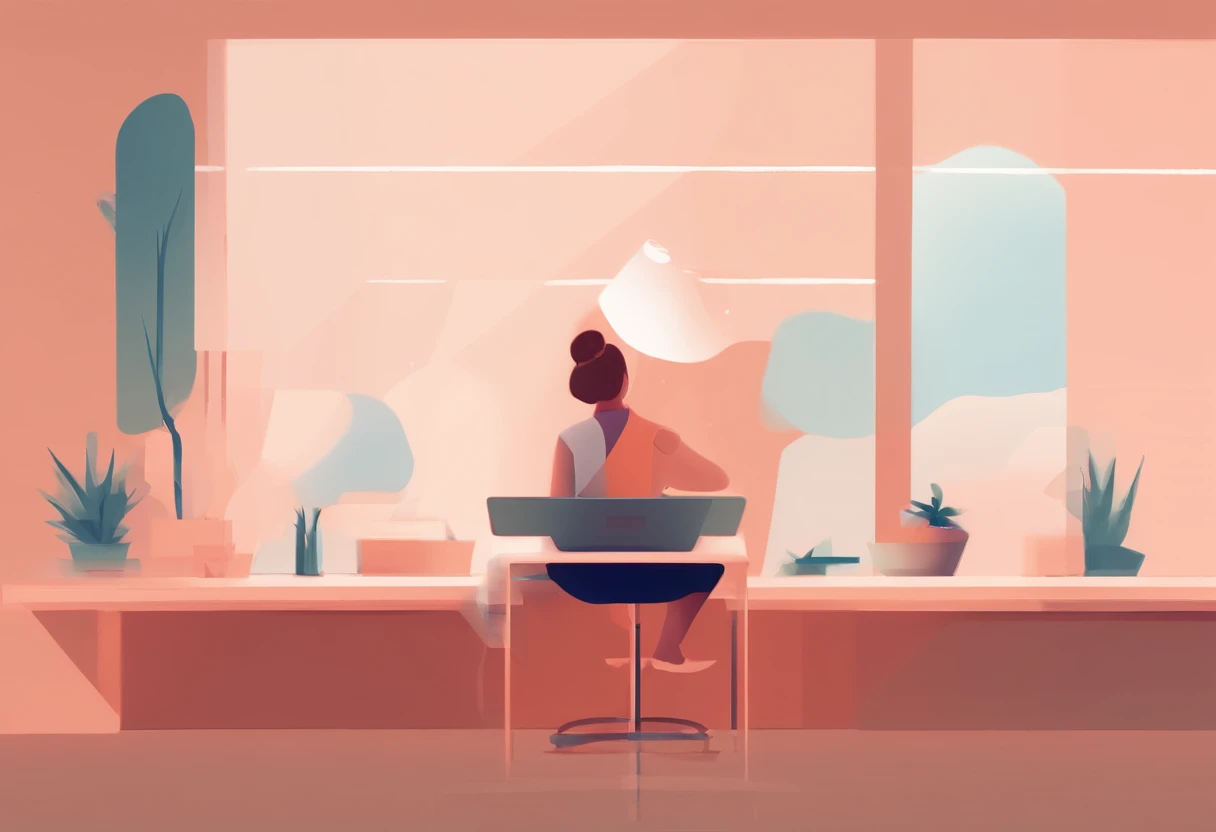 illustration of a woman working on a computer through a room with various objects, editorial illustration pastelcolor, in style of james gilleard, illustration style, james gilleard artwork, flat illustration, in style of digital illustration, magazine illustrations, editorial illustration, digital illustration -, #illustration, magazine illustration, inspired by James Gilleard, modern illustration, illustration | rutkowski, stylized digital illustration