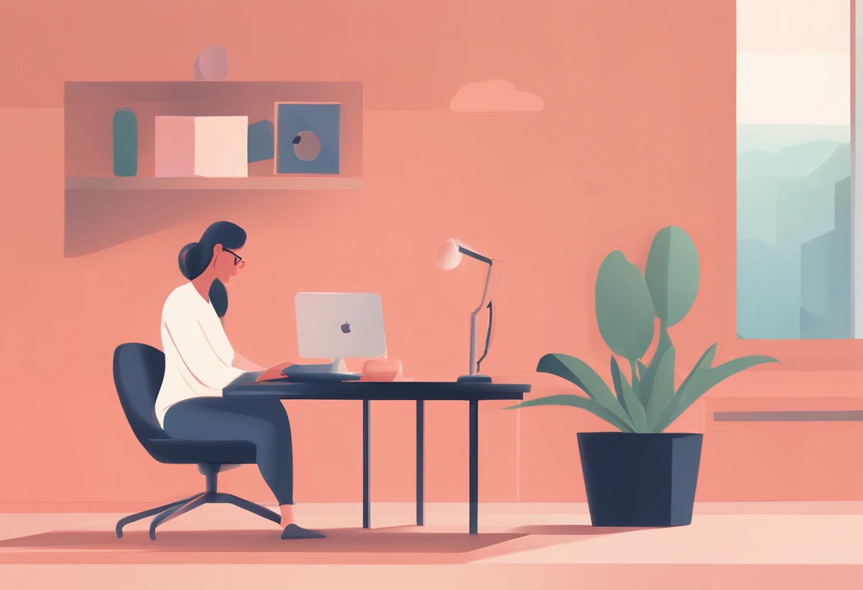 illustration of a woman working on a computer through a room with various objects, editorial illustration pastelcolor, in style of james gilleard, illustration style, james gilleard artwork, flat illustration, in style of digital illustration, magazine illustrations, editorial illustration, digital illustration -, #illustration, magazine illustration, inspired by James Gilleard, modern illustration, illustration | rutkowski, stylized digital illustration