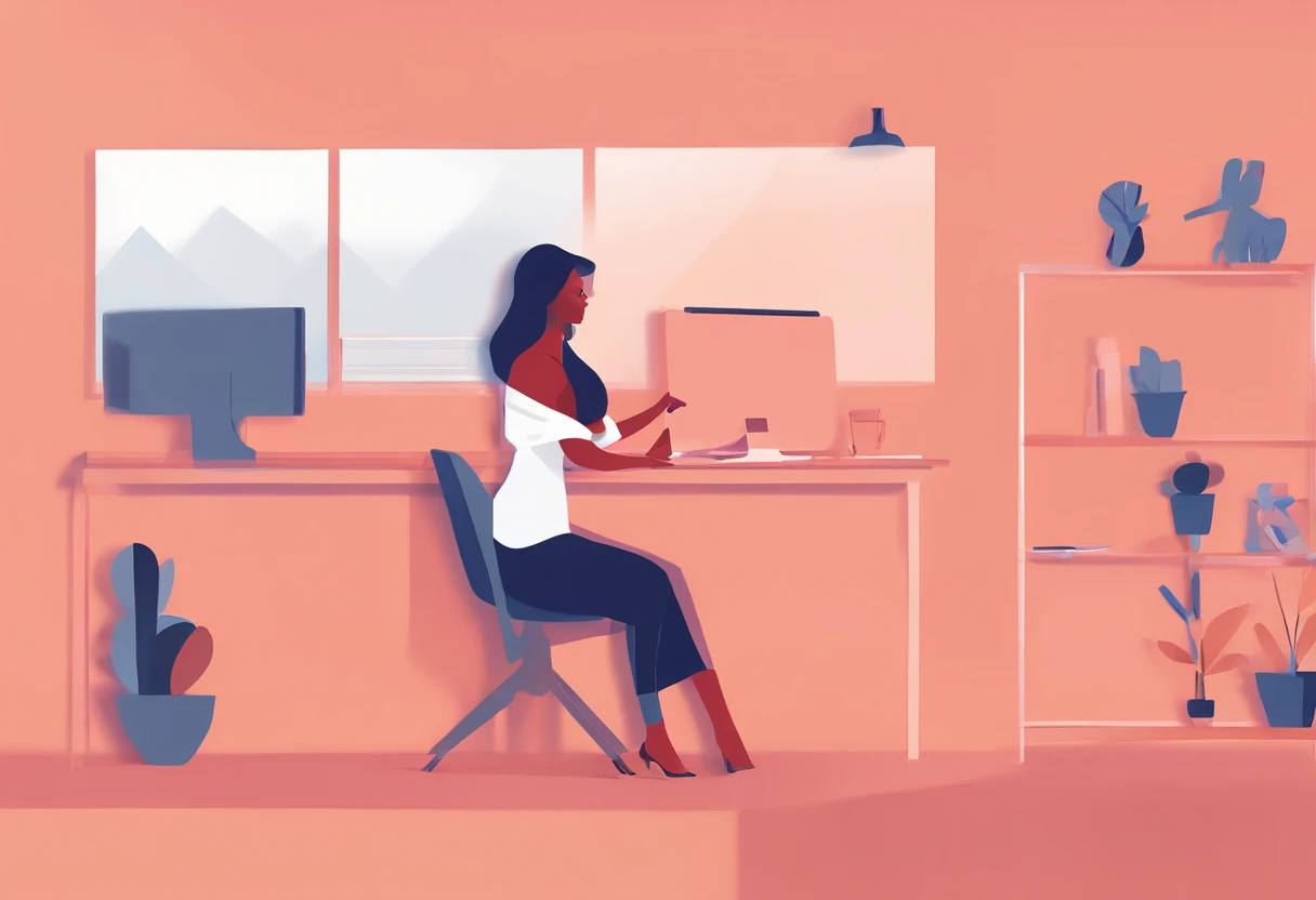 illustration of a woman working on a computer through a room with various objects, editorial illustration pastelcolor, in style of james gilleard, illustration style, james gilleard artwork, flat illustration, in style of digital illustration, magazine illustrations, editorial illustration, digital illustration -, #illustration, magazine illustration, inspired by James Gilleard, modern illustration, illustration | rutkowski, stylized digital illustration