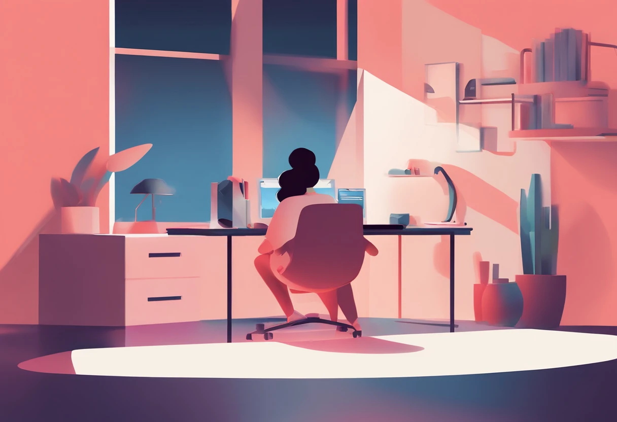 illustration of a woman working on a computer through a room with various objects, editorial illustration pastelcolor, in style of james gilleard, illustration style, james gilleard artwork, flat illustration, in style of digital illustration, magazine illustrations, editorial illustration, digital illustration -, #illustration, magazine illustration, inspired by James Gilleard, modern illustration, illustration | rutkowski, stylized digital illustration