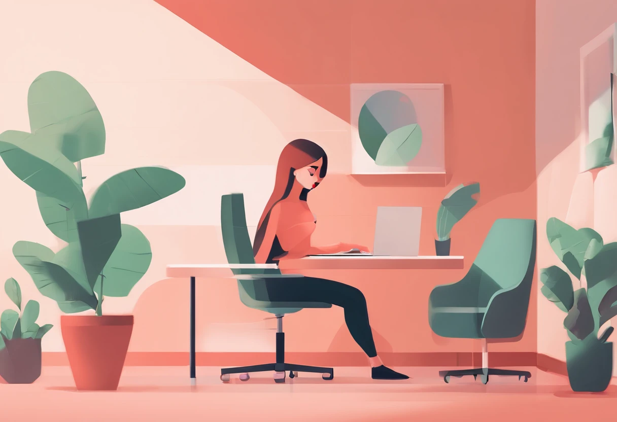 illustration of a woman working on a computer through a room with various objects, editorial illustration pastelcolor, in style of james gilleard, illustration style, james gilleard artwork, flat illustration, in style of digital illustration, magazine illustrations, editorial illustration, digital illustration -, #illustration, magazine illustration, inspired by James Gilleard, modern illustration, illustration | rutkowski, stylized digital illustration