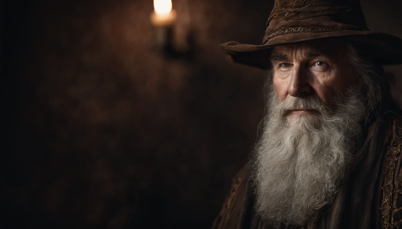 A portrait of a wizard, bearded, wrinkled, weathered, with piercing eyes, detailed face, high details, photography, dark studio, rim light, Nikon D850, 50mm, f/1.4