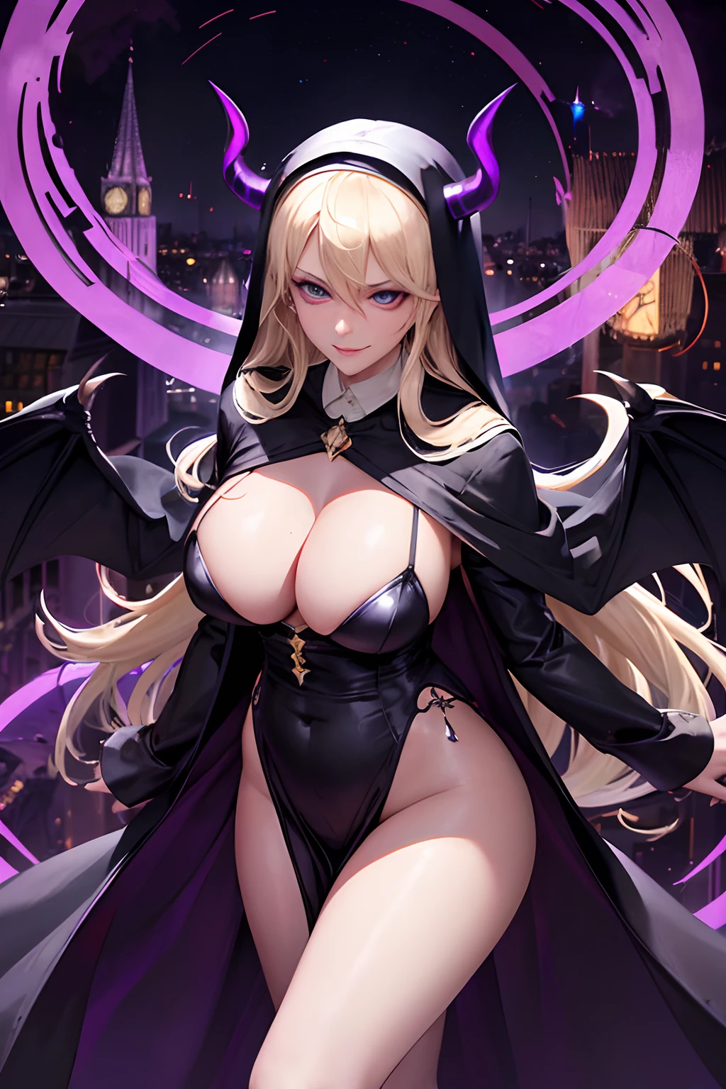 Stormy Daniels : The evil nun, Demon horn, Demon wings on the head , sexy robe de nonne, His hands preparing a sphere of purple energy, diabolique, insidieux, His powerful magic hits the buildings of a city , Context of the Satanic Church, detailled eyes, detailed hands