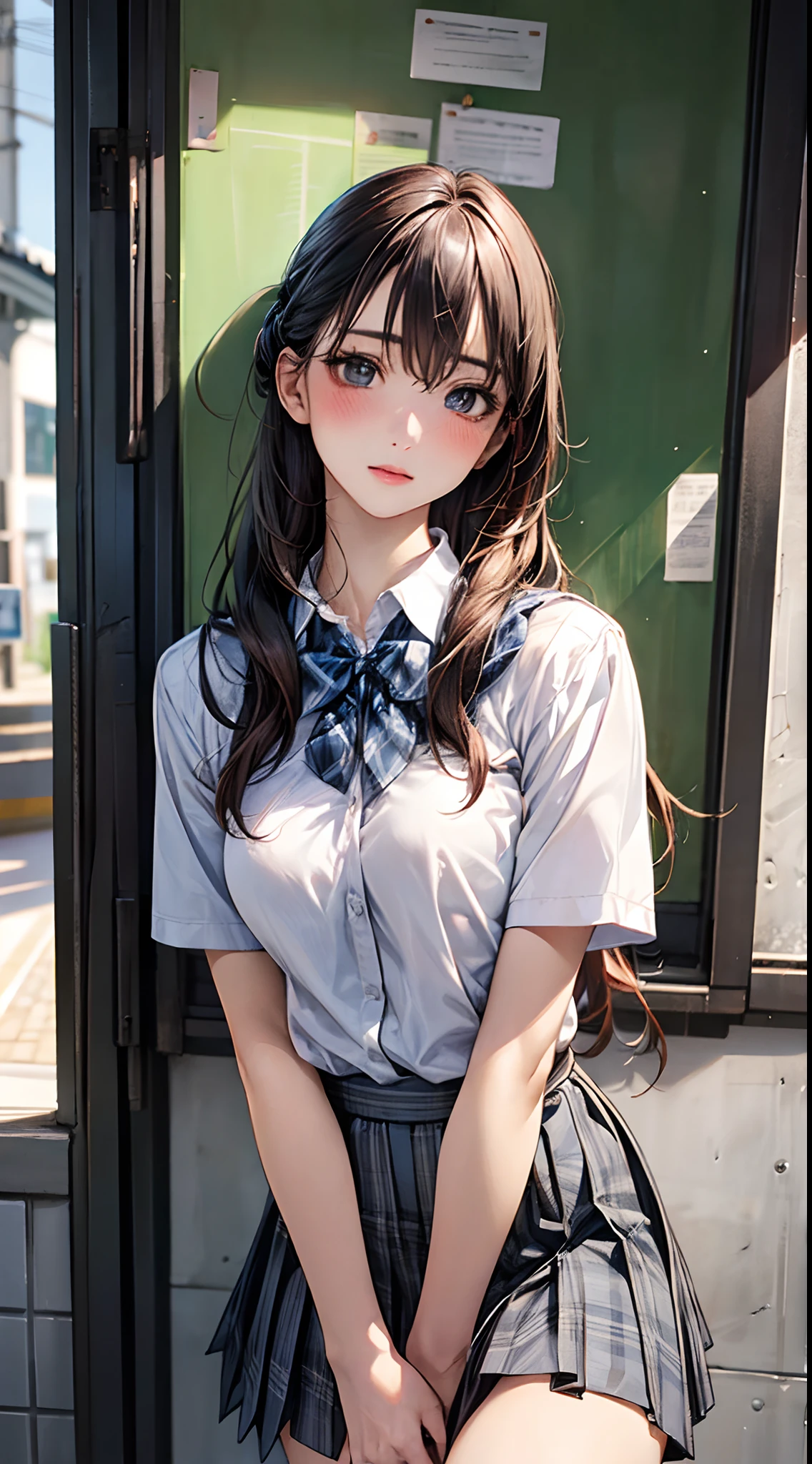 (masterpiece:1.2, top-quality), (realistic, photorealistic:1.4), beautiful illustration,
looking at viewer, full body, front view:0.6,
1 girl, japanese, high school girl, (long hair:1.5), blown hair, (half up, half updo), bangs, hair between eye, large breasts:0.8,
beautiful hair, beautiful face, beautiful detailed eyes, beautiful clavicle, beautiful body, beautiful chest, beautiful thigh, beautiful legs, beautiful fingers,
(beautiful scenery), , school,
((collared short sleeve shirt, white shirt, school uniform, grey plaid pleated skirt, blue plaid bow tie)), white panties,
(standing, , lift up skirt, grab the hem of the skirt, hands on chest, hand between legs),
blush, ,