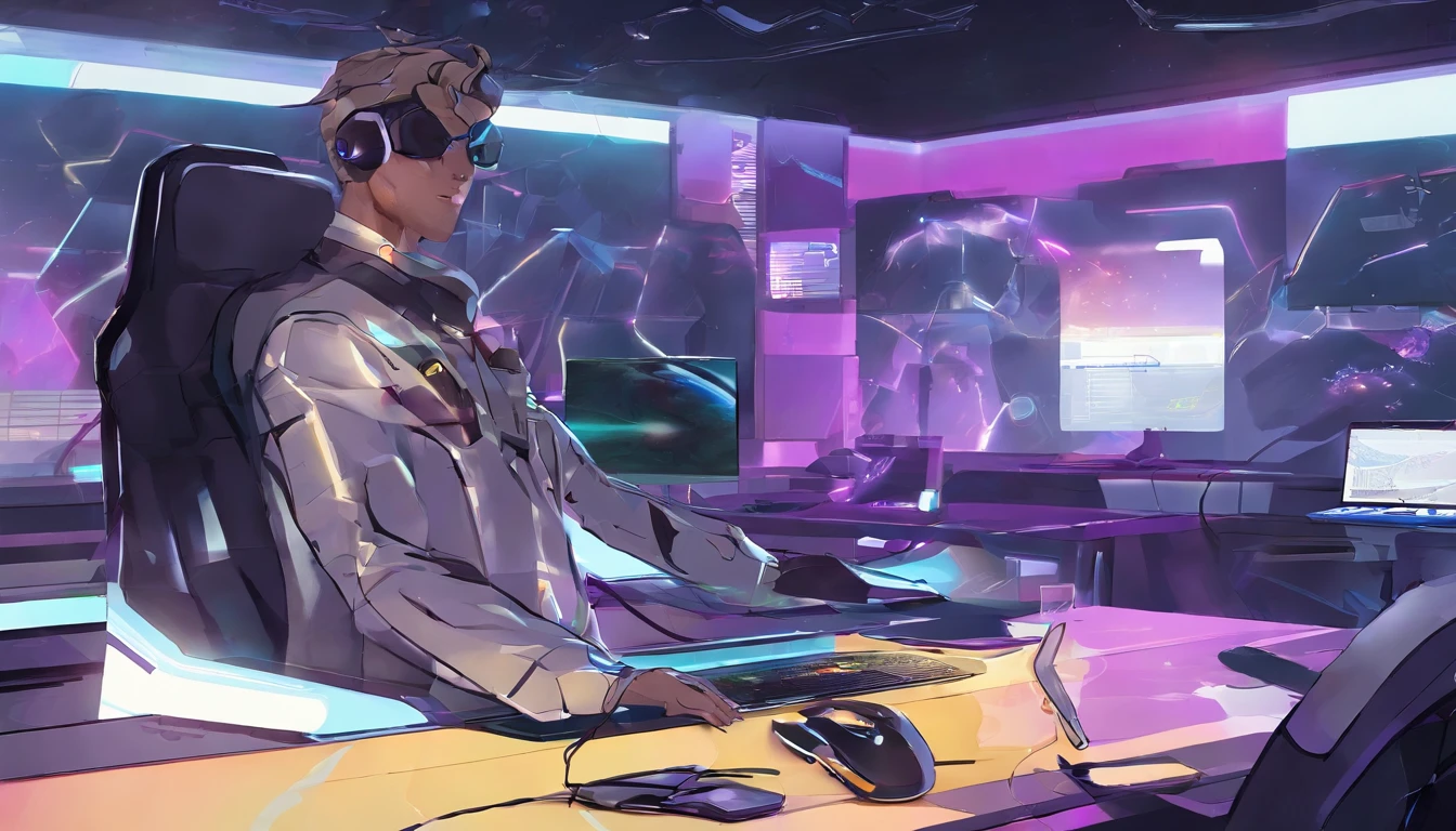 There is a man sitting at a desk with a laptop and a computer, Streamer de Twitch / Jugador Ludwig, Arte conceptual como Ernest Khalimov, anton fadeev 8 k, Estilo e-Sport, realistic artistic style, rossdraws global illumination, WLOP y Andrei Riabovitchev, Ryan Glitter Artista conceptual, Jody Highroller, Estilo de arte G Liulian, peinado afeitado, Barba negra