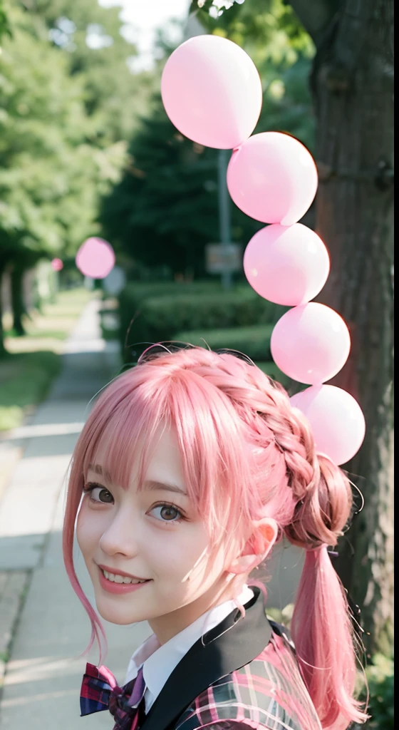 (ultra-detailliert), Tartan check jacket,high-school uniform、Blue eyes,The upper part of the body、a closeup、faces、(A smile:1.5),(facing front:1.2), 20yr old, teens girl,no tail,(no tail),2D, ​masterpiece, top-quality, animesque, A detailed eye, A detailed face, girl with, Only 1 person,Medium hair with pink hair, (Pink hair),  Ear Hair, small tits, Single braid, (Single braid), (Side braid), Pink ribbon, Ribbon around the neck, Background bokeh
