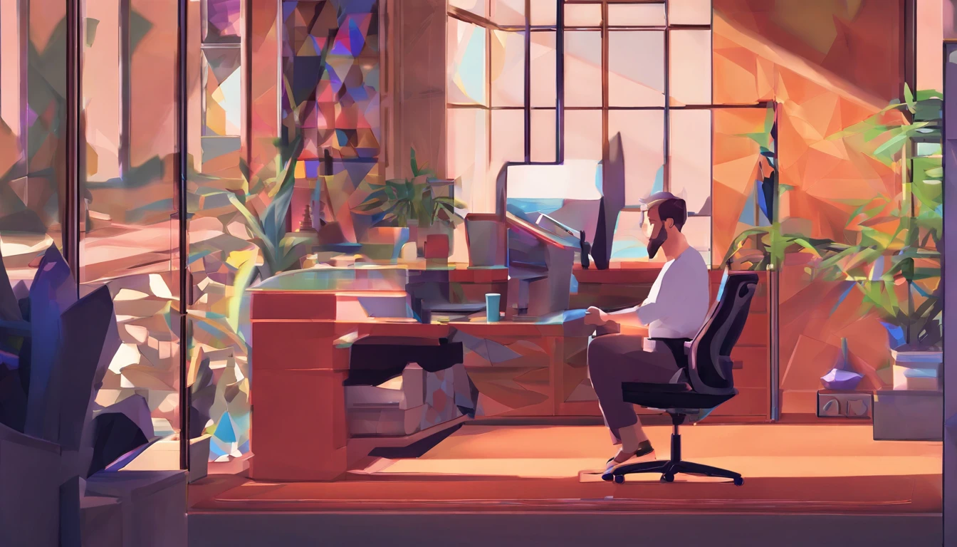 There is a man sitting at a desk in an office - SeaArt AI