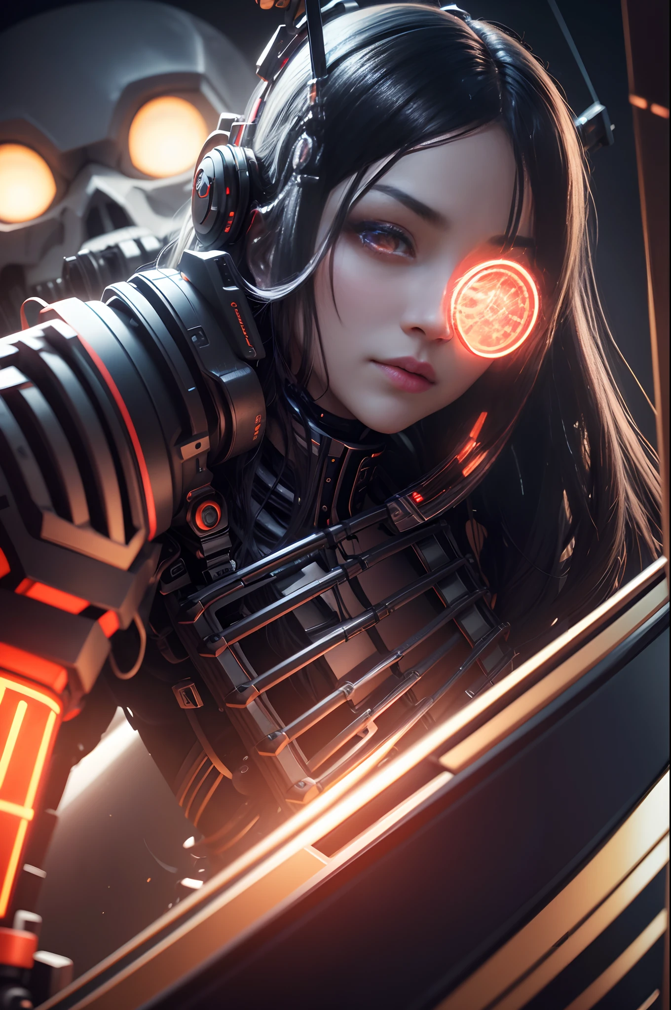 8K, 1 Mechanical Man in the middle of production (Ultra-realistic details) portlate、globalillumination、Shadow、octan render、8K、ultrasharp、metals、Details of complex ornaments、cold color Japan Details The upper body is suspended by a hook Skeleton Frame Precise details of the internal frame exposed Highly intricate details Realistic light CGSoation Trends、radiant eyes、Facing the camera、neon details Mechanical Hand Many LEDs emit light Lots of cables extending from the back Artificial blood vessels Wires and cables connecting to the head 超A high resolution Mono eye glowing red Ultra-realistic texture Dull luster of metal