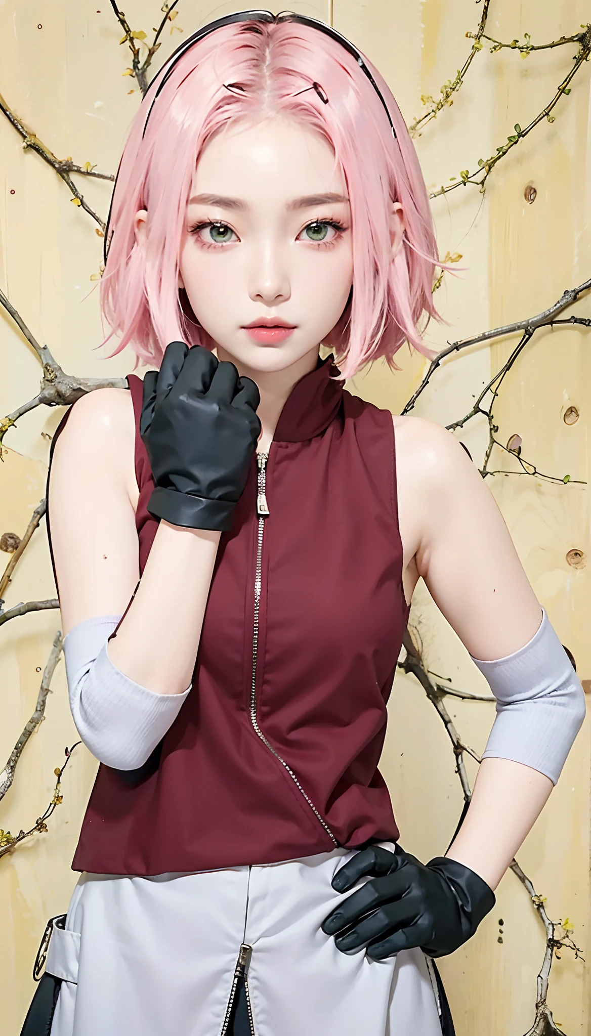 Masterpiece, best picture quality, one beautiful girl, detailed eyes, swollen eyes, pink hair, short hair, fair skin, cute, Japanese woman, Asian beauty, moonlight, strong eyes, professional lighting, bright lighting, double eyelids, slender, Japanese woman, Asian beauty, green eyes, bando merah