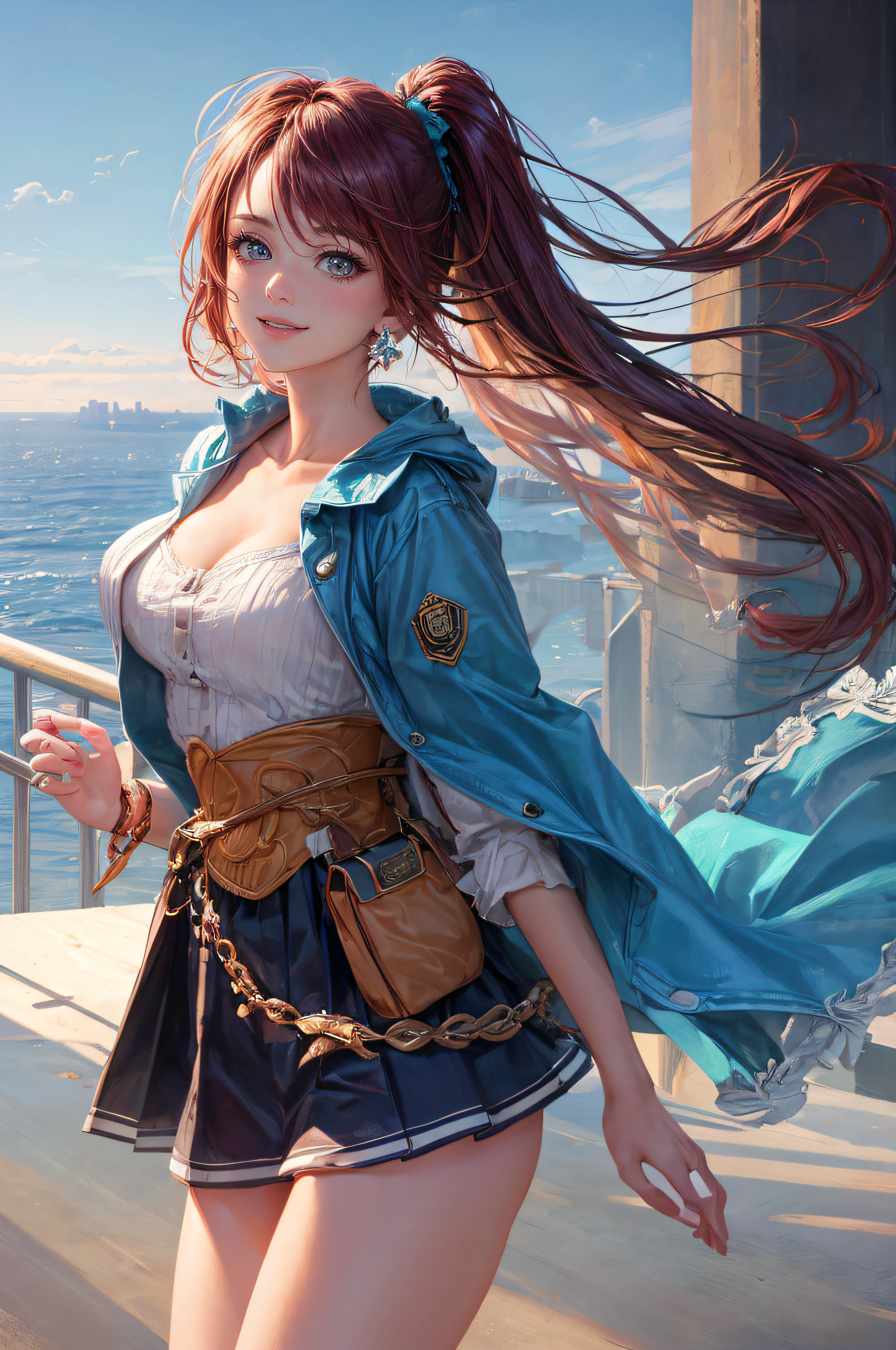 ((A beautiful and cute woman is standing on the terrace)), ((20-year-old beauty)), ((charming smile)), ((shiny long hair)), ((miniskirt)), (( Rich bust)), ((gradient eyes)), ((background is city with sea view)), attractive makeup, single view, NFFSW, UHD, retina, masterpiece, accurate, anatomical, scientifically correct, textured skin, super detail, high detail, high quality, award winning, top quality, high resolution, 1080P, HD, 4K, 8k, 16k