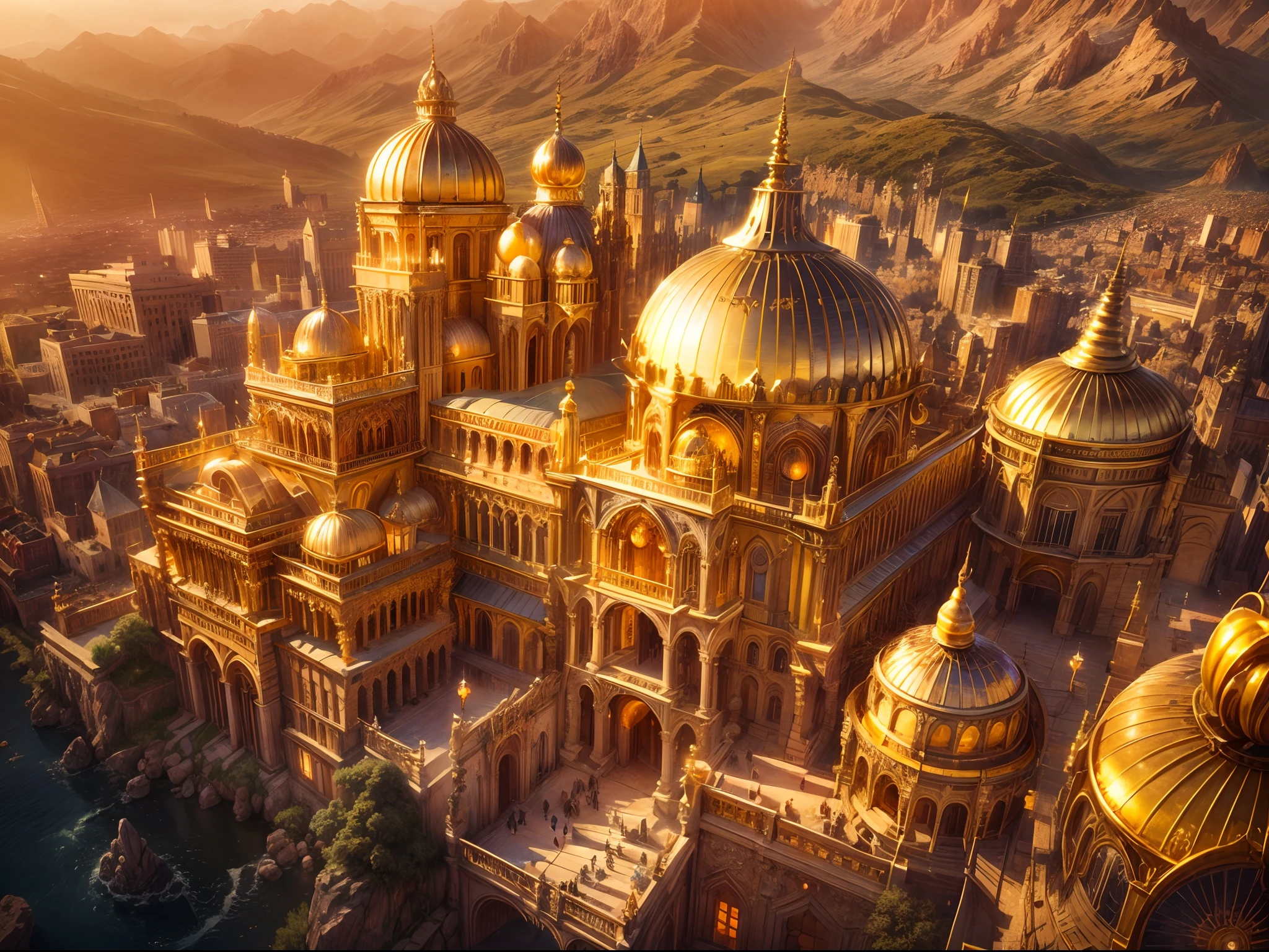 (best quality,4k,8k,highres,masterpiece:1.2),ultra wide angle aerial view,fantasy golden city,giant golden jade castle,all houses made of pure gold,pure gold castle,glittering gold city,golden structures,shimmering rooftops,elaborate architecture,golden spires,towering skyscrapers,ornate designs,sparkling precious stones,impressive skyline,ethereal atmosphere,vibrant colors,golden hue,sunlit city,majestic cityscape,golden glow,ethereal glow,reflective surfaces,gleaming facades,opulent atmosphere,majestic presence,aesthetic elegance,golden brilliance,luxurious ambiance,fantastical beauty,awe-inspiring sight,awe-struck view,mesmerizing city,castle made of pure gold,golden gates,royal residence,golden domes,splendid palace,golden streets,exquisite details,meticulous craftsmanship,architectural marvels,dreamlike setting,enchanting panorama,imagination come to life,fanciful kingdom,exotic charm,unparalleled grandeur,mythical realm,aerial perspective,immense scale,magnificent vista,enchanted city,otherworldly landscape,jewel of the sky,gleaming riches,glorious spectacle,unimaginable wealth,fairy tale-like scenario,golden wonders.