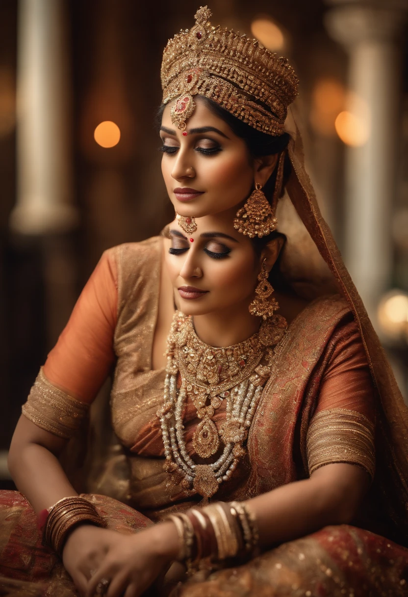 photo-realistic,studio-quality portrait of a fair indian mythical ancient queen raji wearing luxurious and ornate clothing. intricate details opals and floral embellishments, diffused lighting,symmetrical depth of field,sharp focus,unreal engine
