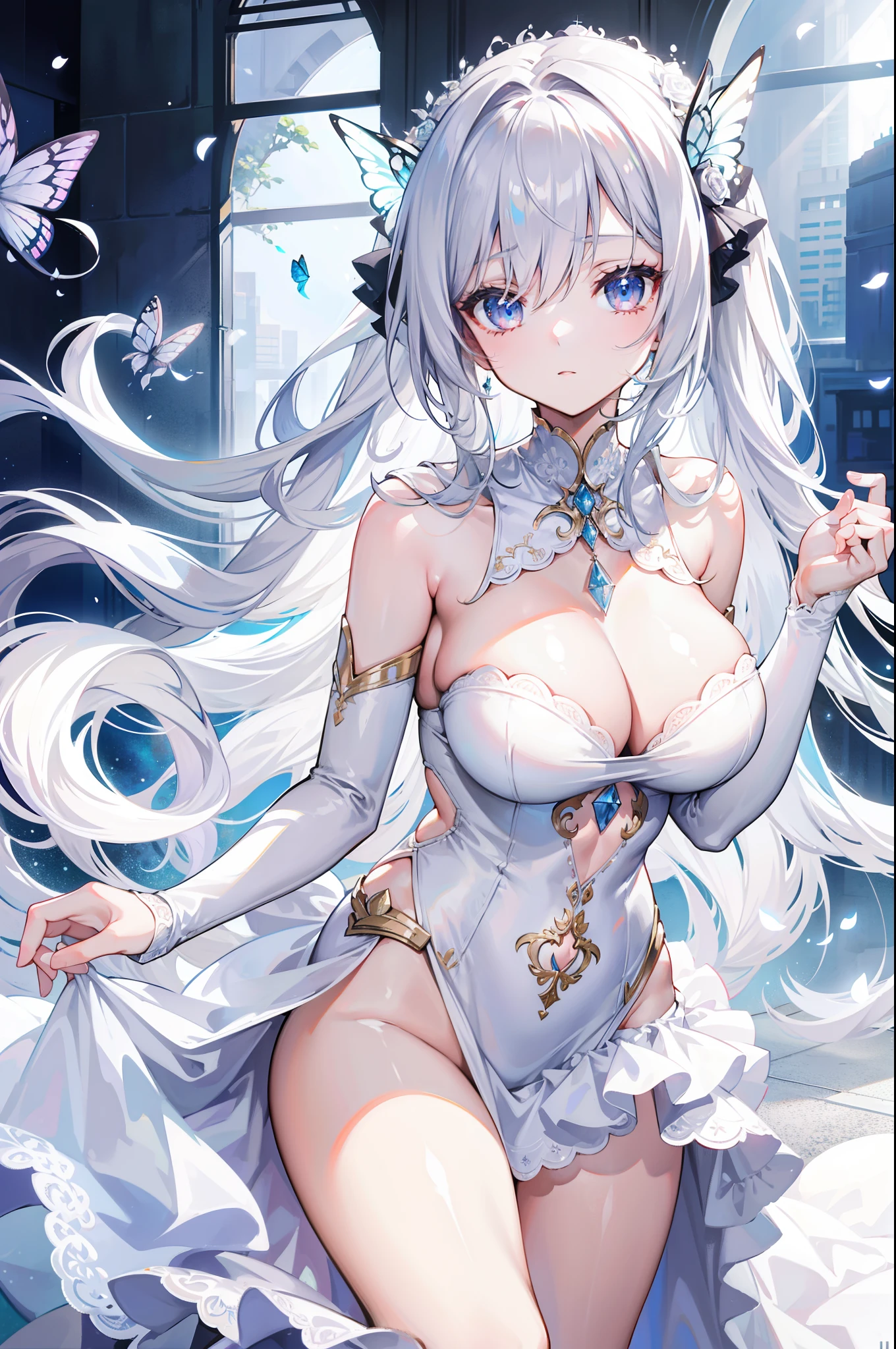 silber hair，butterflys，long whitr hair，8k wallpaper，Highest high resolution，deep v big breasts，Hair over eyes，Bandeau，Bandeau wedding dress，White rose，tight-fitting，stocklings，