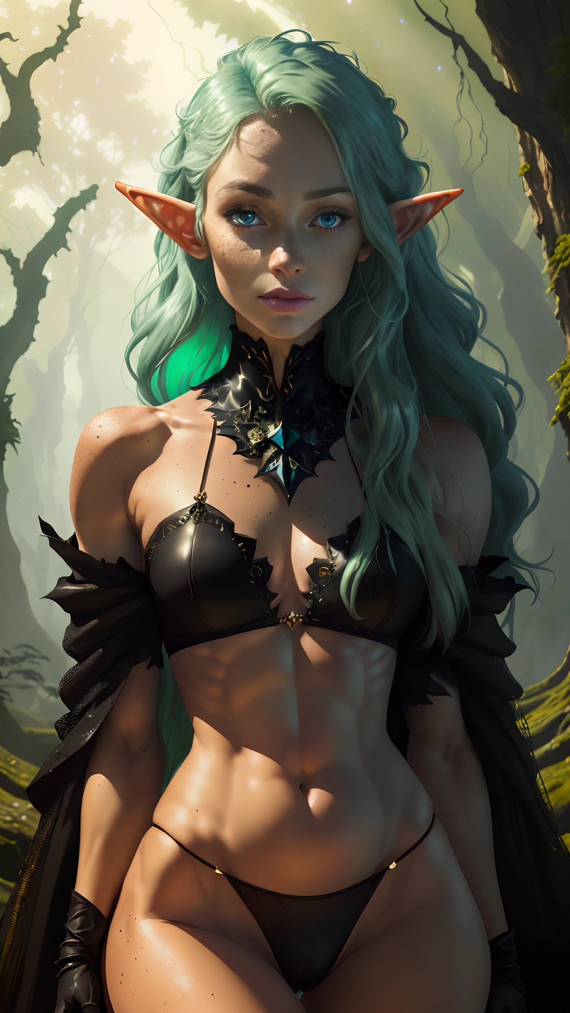 a portrait of a elf girl with freckles and bright striking blue eyes posing for a photo,full body, bare shoulders, muscular, fit, defined abs, thongs, (cameltoe) white freckles, long flowing green hair flying, glowing radiance, beautiful pale makeup, color portrait, stunning portrait, elegant freckles, wearing black thongs, black gloves, starshine, gold dust spread across her skin and her face, (dark, hyper-realistic photos (((portrait)))  refraction ,Dark background of magical night forest, deep woods, towering ruins, starlight skies, A mystical and epic landscape, featuring a fantastical and surreal world of floating islands, giant trees, and mythical creatures, in the style of a tarot card, art by Dmitry Sergeev