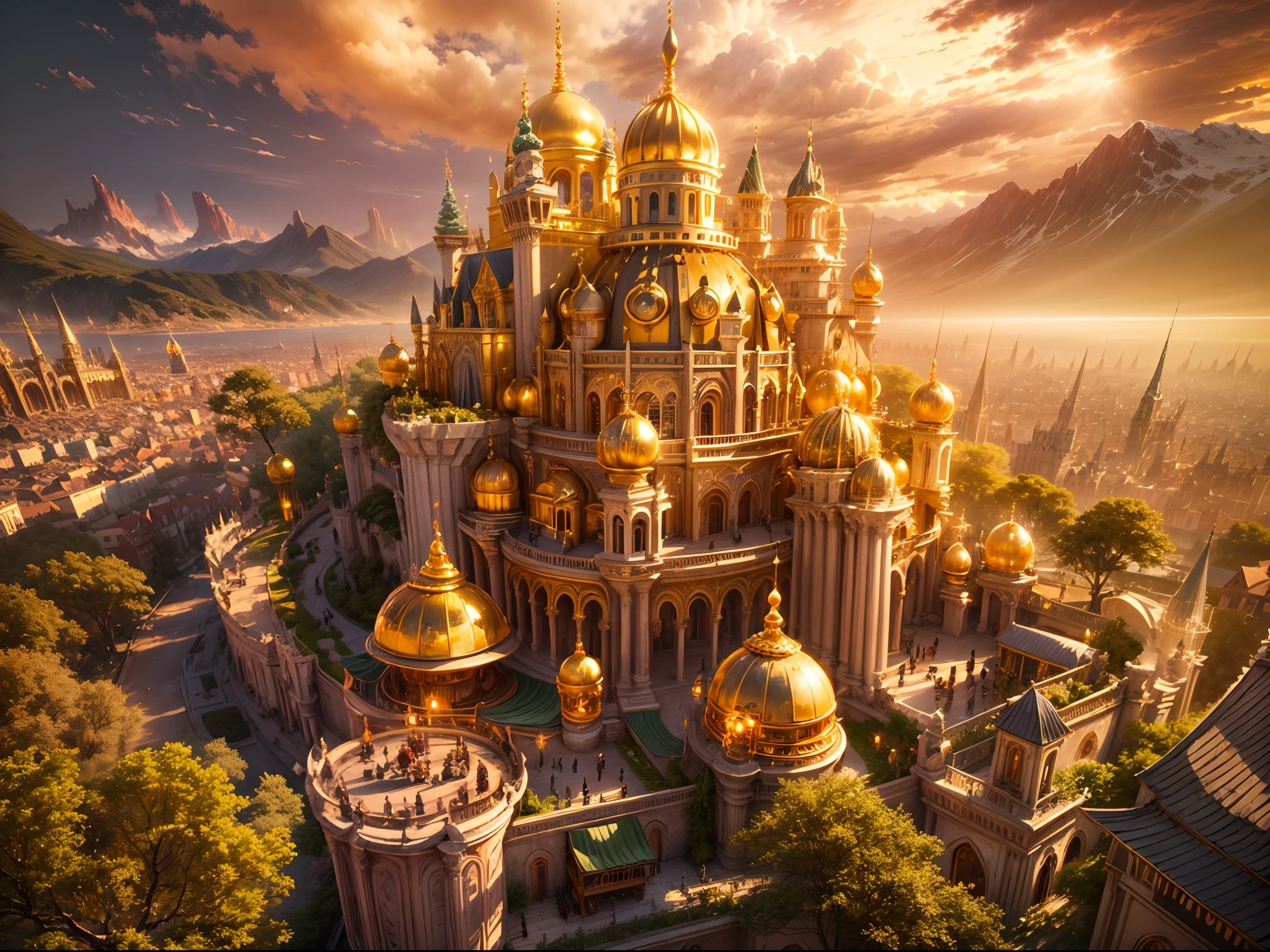 (best quality,4k,8k,highres,masterpiece:1.2),ultra wide angle aerial view,fantasy golden city,giant golden jade castle,all houses made of pure gold,pure gold castle,glittering gold city,golden structures,shimmering rooftops,elaborate architecture,golden spires,towering skyscrapers,ornate designs,sparkling precious stones,impressive skyline,ethereal atmosphere,vibrant colors,golden hue,sunlit city,majestic cityscape,golden glow,ethereal glow,reflective surfaces,gleaming facades,opulent atmosphere,majestic presence,aesthetic elegance,golden brilliance,luxurious ambiance,fantastical beauty,awe-inspiring sight,awe-struck view,mesmerizing city,castle made of pure gold,golden gates,royal residence,golden domes,splendid palace,golden streets,exquisite details,meticulous craftsmanship,architectural marvels,dreamlike setting,enchanting panorama,imagination come to life,fanciful kingdom,exotic charm,unparalleled grandeur,mythical realm,aerial perspective,immense scale,magnificent vista,enchanted city,otherworldly landscape,jewel of the sky,gleaming riches,glorious spectacle,unimaginable wealth,fairy tale-like scenario,golden wonders.