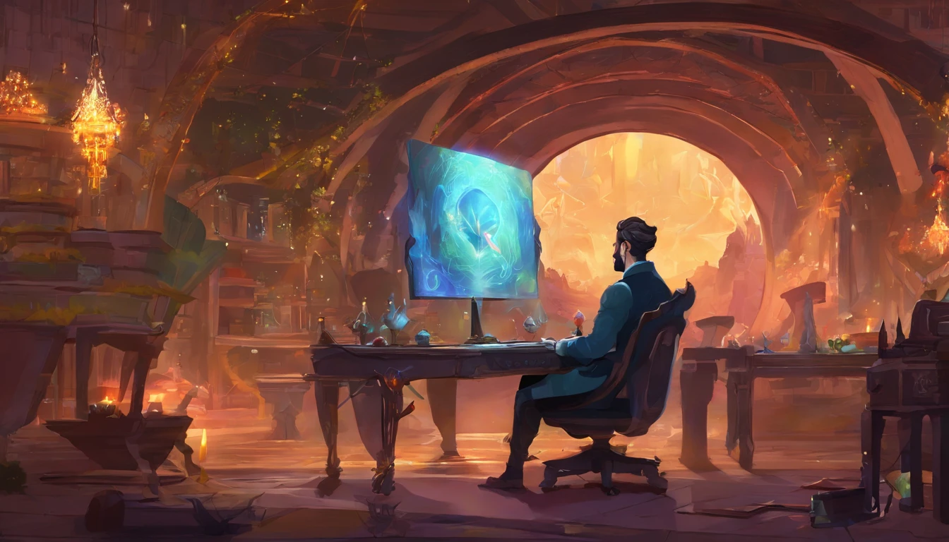 There is a man sitting at a desk with a laptop and a computer, Streamer de Twitch / Jugador Ludwig, Arte conceptual como Ernest Khalimov, anton fadeev 8 k, Estilo e-Sport, realistic artistic style, rossdraws global illumination, WLOP y Andrei Riabovitchev, Ryan Glitter Artista conceptual, Jody Highroller, Estilo de arte G Liulian, peinado afeitado, Barba negra