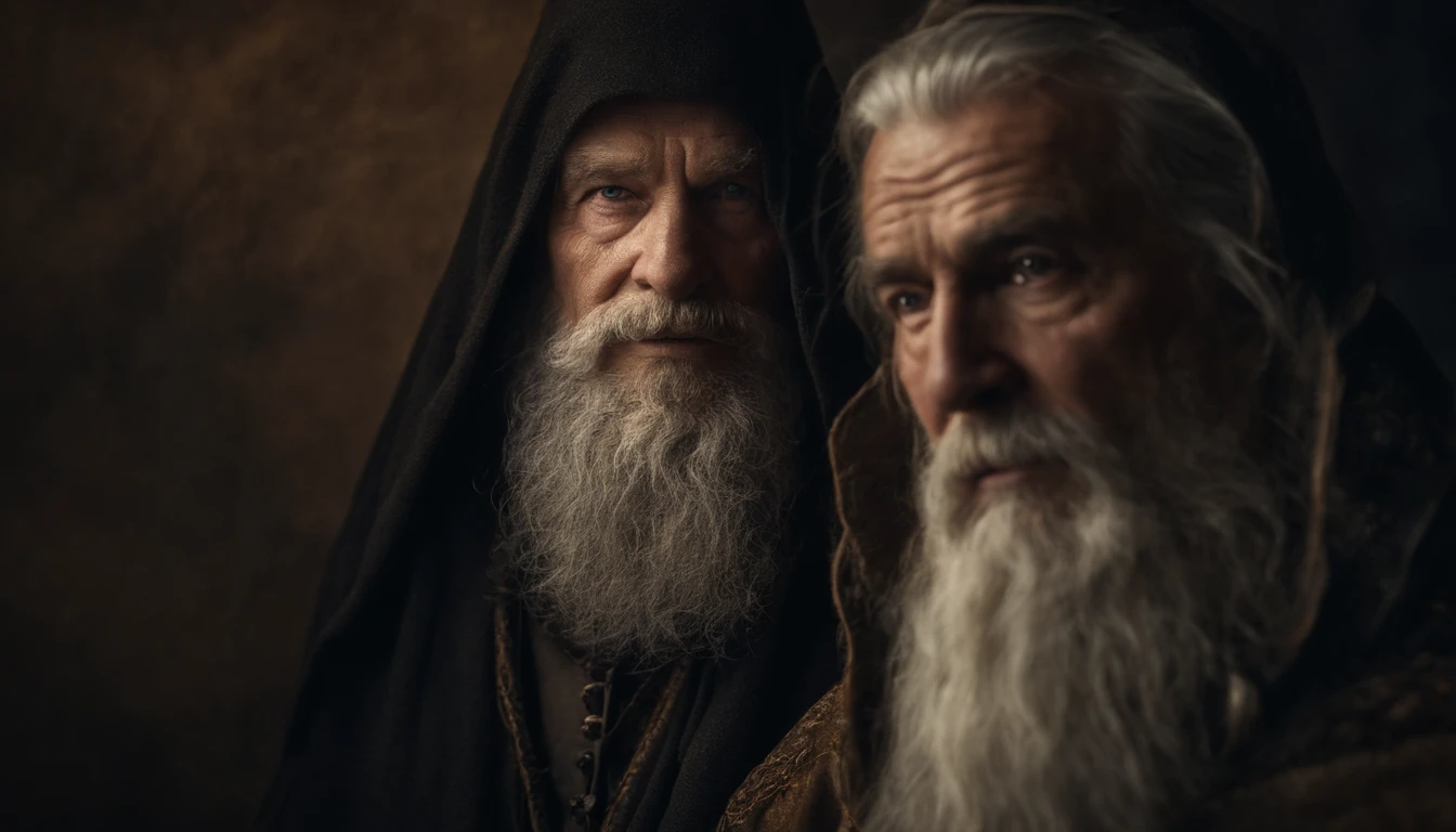 A portrait of a wizard, bearded, wrinkled, weathered, with piercing eyes, detailed face, high details, photography, dark studio, rim light, Nikon D850, 50mm, f/1.4