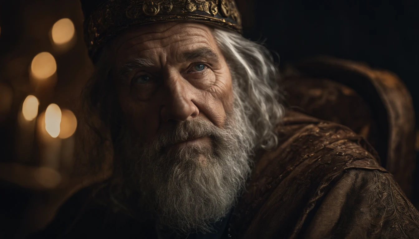 A portrait of a wizard, bearded, wrinkled, weathered, with piercing eyes, detailed face, high details, photography, dark studio, rim light, Nikon D850, 50mm, f/1.4