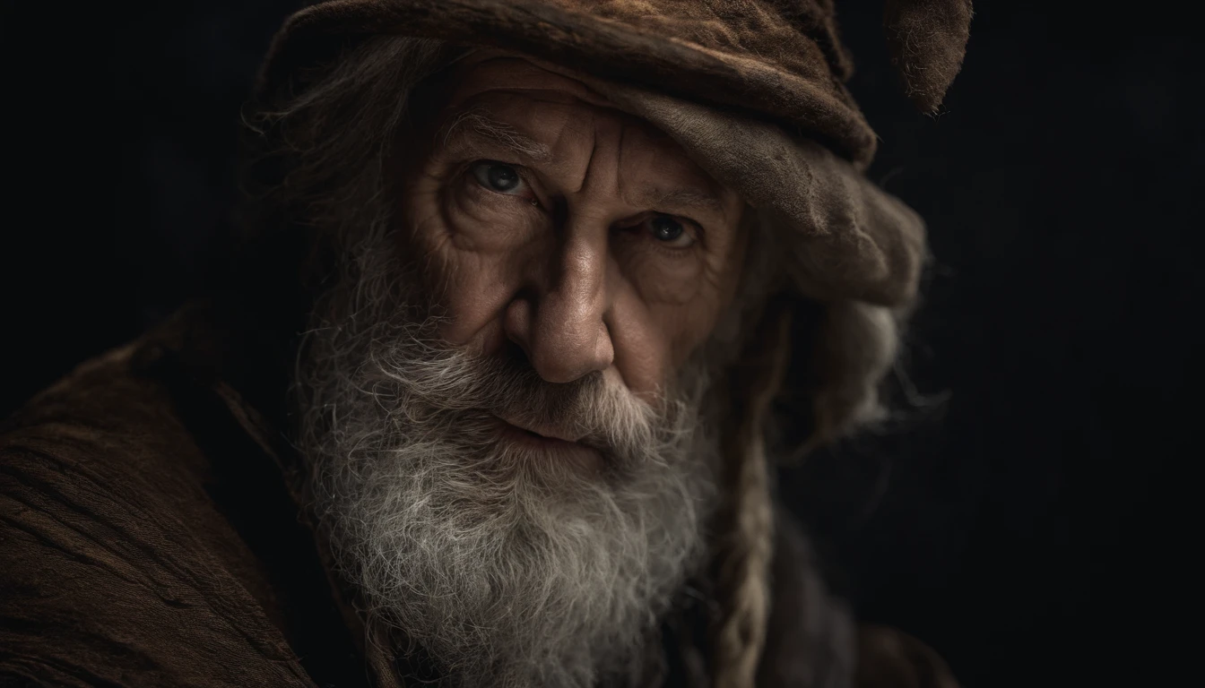 A portrait of a wizard, bearded, wrinkled, weathered, with piercing eyes, detailed face, high details, photography, dark studio, rim light, Nikon D850, 50mm, f/1.4