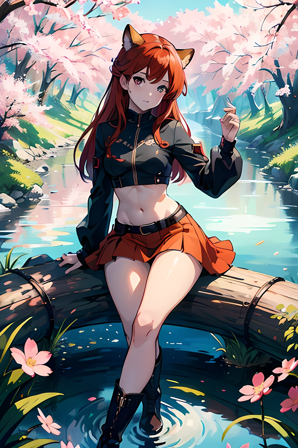 (best quality, masterpiece), official art, illustration, ligne claire, highres, absurdres, ultra-detailed, 8k, cel shading, 1girl, long red hair, forest, spring, sakura, leafs, tree, river, white crop top, cutout above navel, black skirts, black belt, brown boots, absurdres, high res, ultrasharp, 8K, masterpiece,1 girl, full body, (a beautiful young woman: 1.1), beautiful detailed eyes, small breasts, (looking at the viewer), vibrant, clothing, posing, colorful, dynamic, background, elements, confident, expression, majestic, scene, cover,, eye-catching, anime coloring, (anime screencap:1.2)