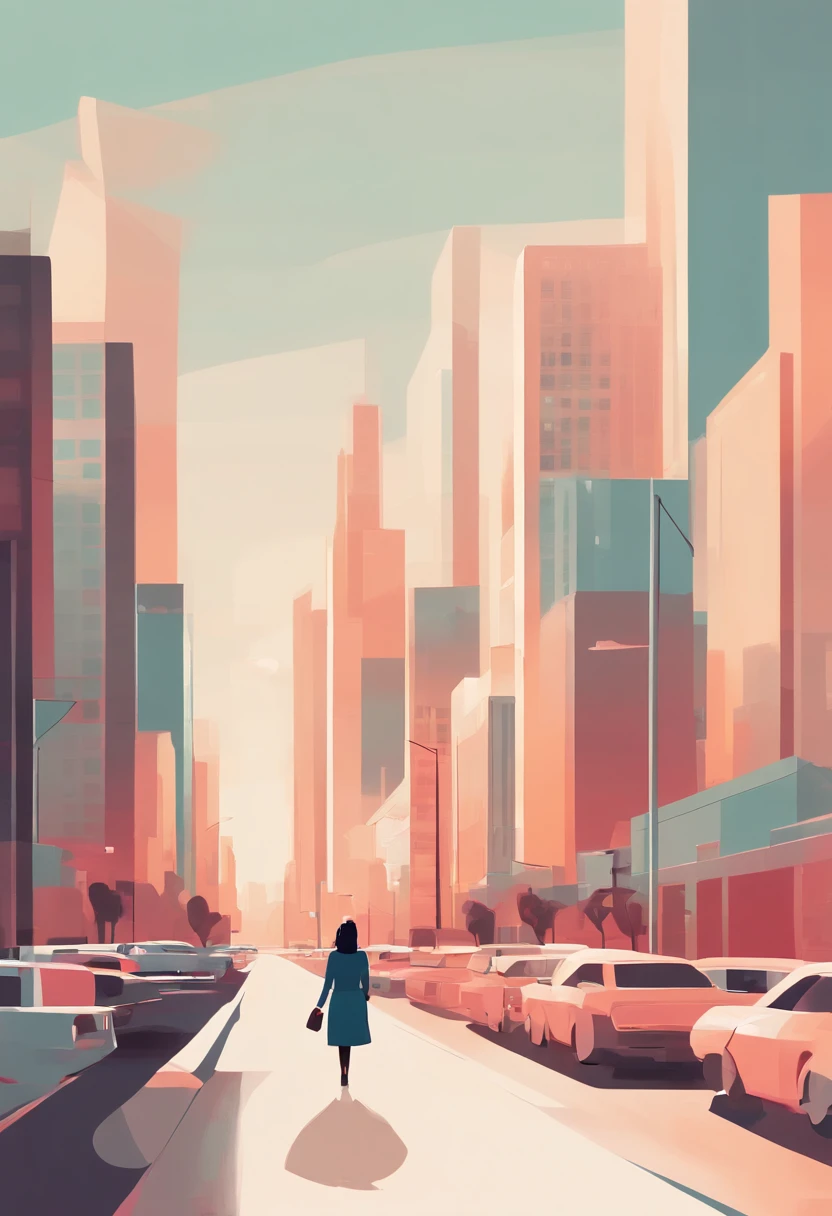 illustration of a woman walking through a city with various objects, editorial illustration vividcolor, in style of james gilleard, illustration style, james gilleard artwork, flat illustration, in style of digital illustration, magazine illustrations, editorial illustration, digital illustration -, #illustration, magazine illustration, inspired by James Gilleard, modern illustration, illustration | rutkowski, stylized digital illustration