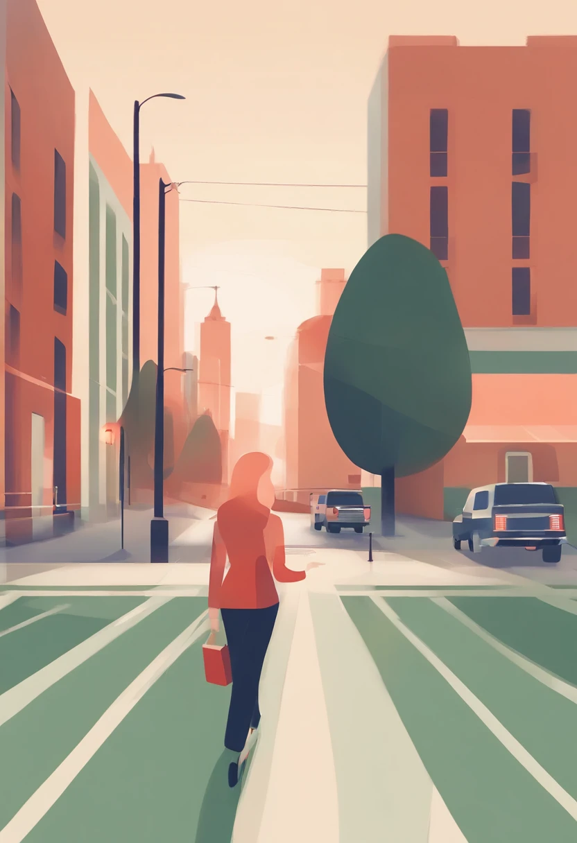 illustration of a woman walking through a city with various objects, editorial illustration vividcolor, in style of james gilleard, illustration style, james gilleard artwork, flat illustration, in style of digital illustration, magazine illustrations, editorial illustration, digital illustration -, #illustration, magazine illustration, inspired by James Gilleard, modern illustration, illustration | rutkowski, stylized digital illustration