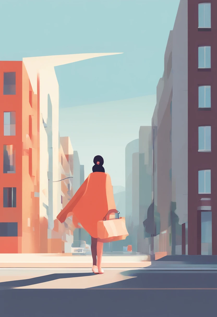 illustration of a woman walking through a city with various objects, editorial illustration vividcolor, in style of james gilleard, illustration style, james gilleard artwork, flat illustration, in style of digital illustration, magazine illustrations, editorial illustration, digital illustration -, #illustration, magazine illustration, inspired by James Gilleard, modern illustration, illustration | rutkowski, stylized digital illustration