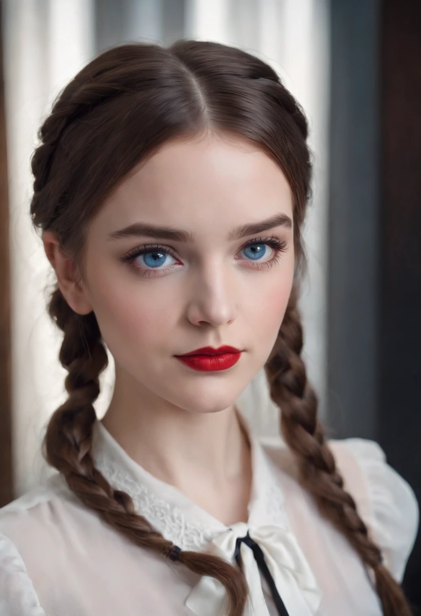 Portrait of a brown haired girl, shoulder length hair. two braided pigtails. blue eyes. bright red lipstick, black eyeshadow. white blouse with satin bow at neck.