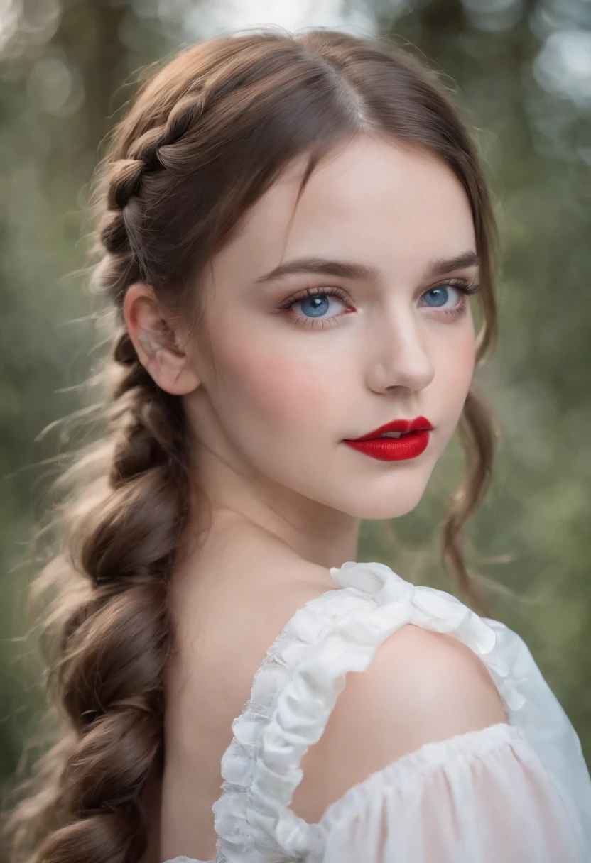 Portrait of a brown haired girl, shoulder length hair. two braided pigtails. blue eyes. bright red lipstick, black eyeshadow. white blouse with satin bow at neck.