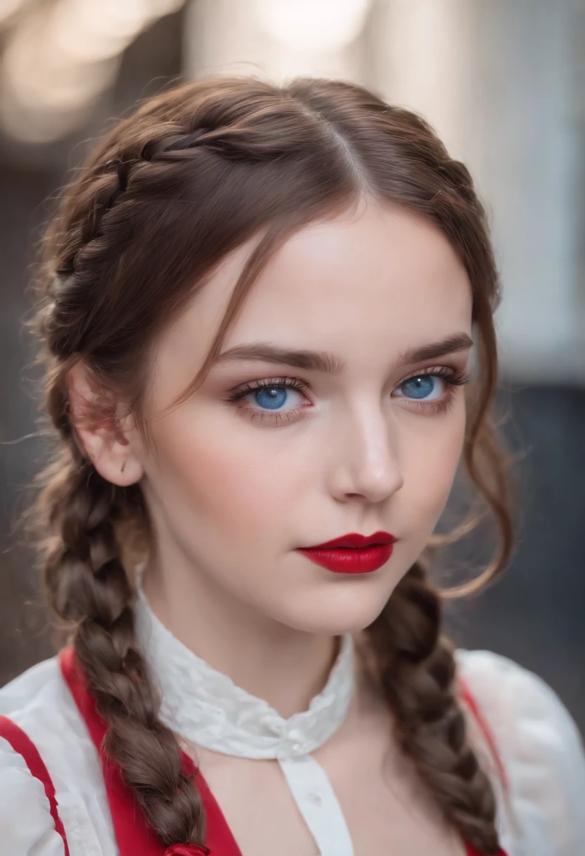 Portrait of a brown haired girl, shoulder length hair. two braided pigtails. blue eyes. bright red lipstick, black eyeshadow. white blouse with satin bow at neck.