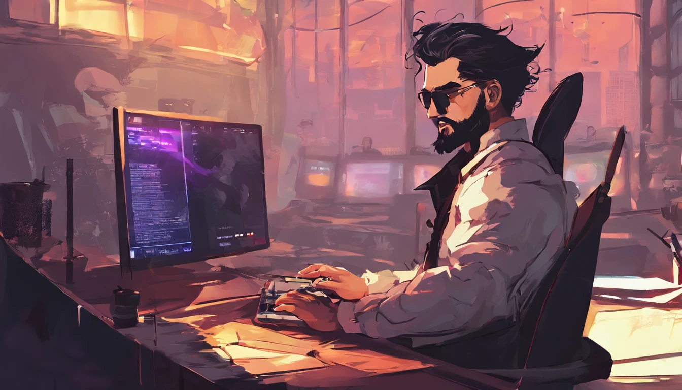 There is a man sitting at a desk with a laptop and a computer, Streamer de Twitch / Jugador Ludwig, Arte conceptual como Ernest Khalimov, anton fadeev 8 k, Estilo e-Sport, realistic artistic style, rossdraws global illumination, WLOP y Andrei Riabovitchev, Ryan Glitter Artista conceptual, Jody Highroller, Estilo de arte G Liulian, peinado afeitado, Barba negra
