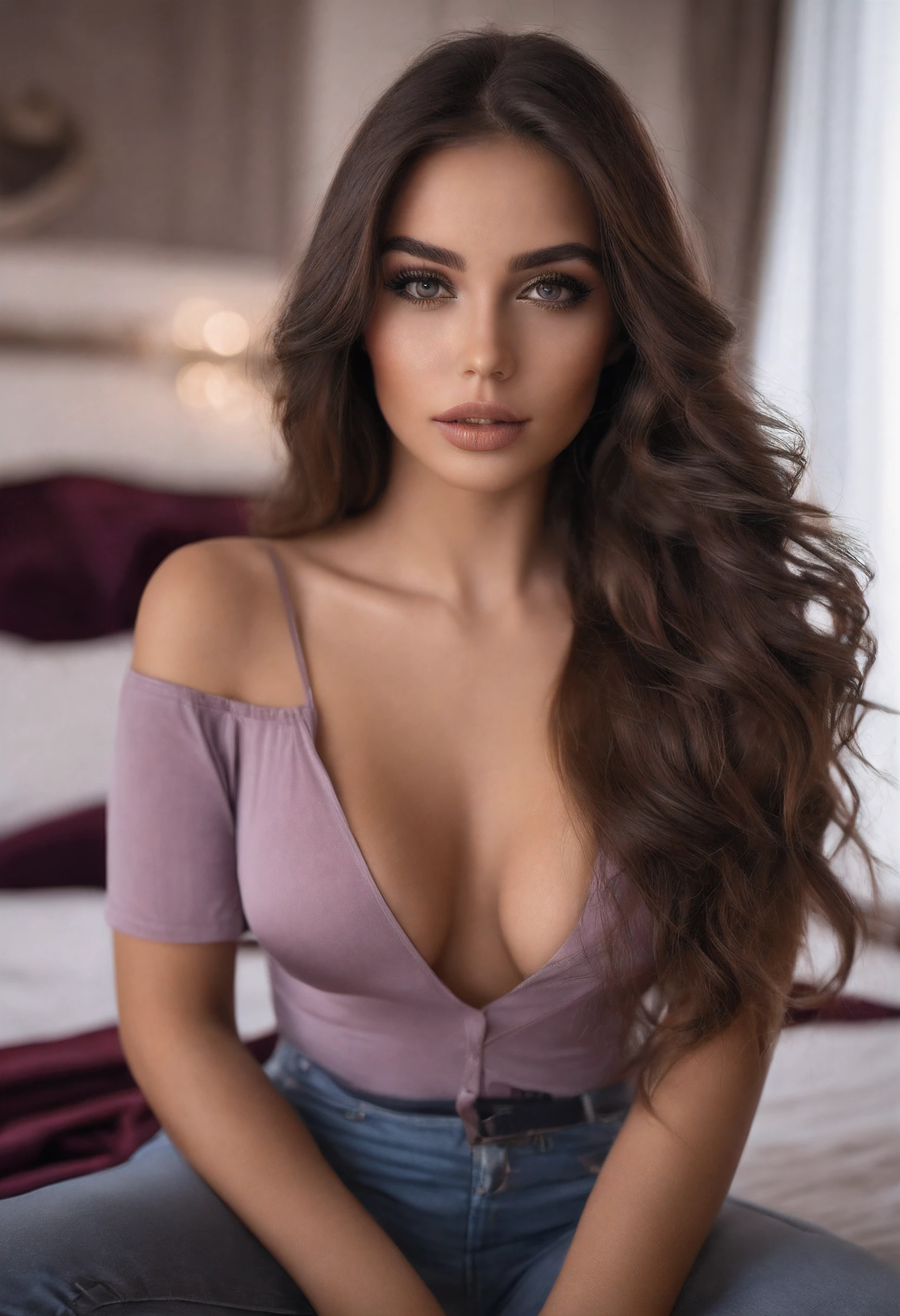 Arafed woman completely , fille sexy aux yeux bruns, ultra realist, Meticulously detailed, Portrait Sophie Mudd, cheveux bruns et grands yeux, selfie of a young woman, Dubai Eyes, Violet Myers, sans maquillage, maquillage naturel, looking straight at camera, Visage avec Artgram, Maquillage subtil, Great photo of the whole body kneeling on the bed, dans la chambre, Medium to large bust