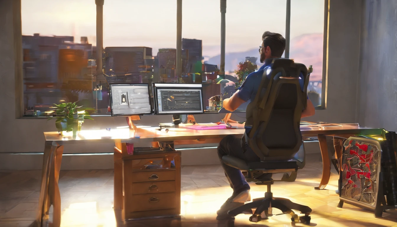 There is a man sitting at a desk with a laptop and a computer, Streamer de Twitch / Jugador Ludwig, Arte conceptual como Ernest Khalimov, anton fadeev 8 k, Estilo e-Sport, realistic artistic style, rossdraws global illumination, WLOP y Andrei Riabovitchev, Ryan Glitter Artista conceptual, Jody Highroller, Estilo de arte G Liulian, peinado afeitado, Barba negra