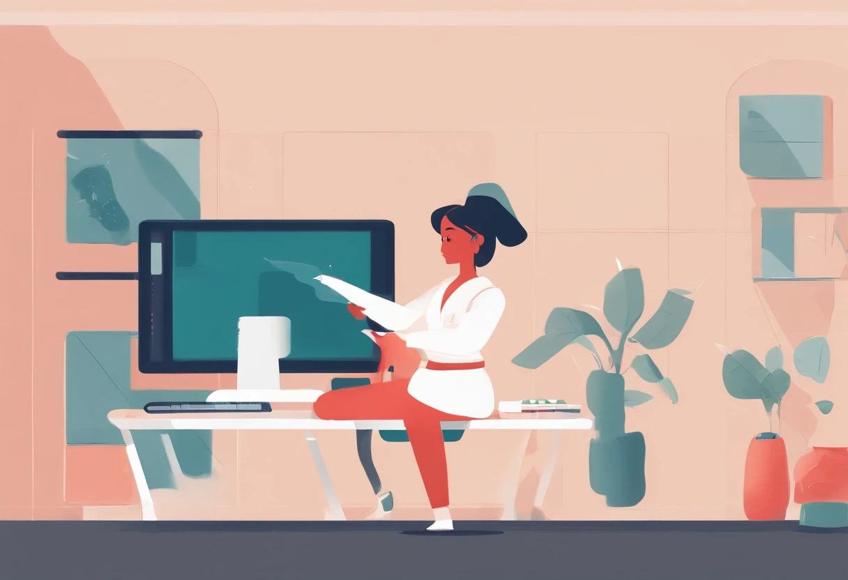 illustration of a woman working on a computer through a room with various objects, editorial illustration vividlcolor, in style of james gilleard, illustration style, james gilleard artwork, flat illustration, in style of digital illustration, magazine illustrations, editorial illustration, digital illustration -, #illustration, magazine illustration, inspired by James Gilleard, modern illustration, illustration | rutkowski, stylized digital illustration